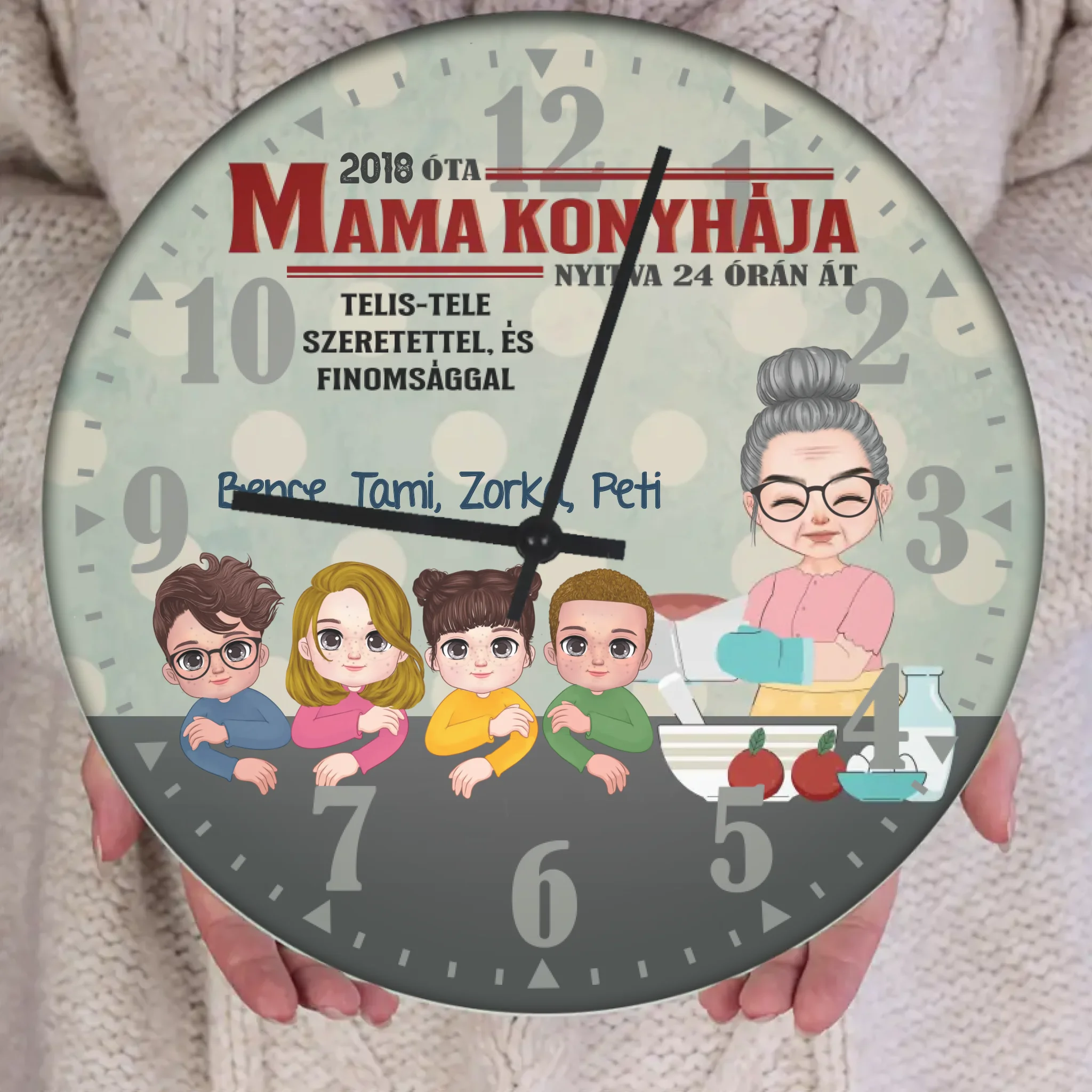 Mama konyhája falióra- személyre szabható ajándék nagymamáknak unokákkal