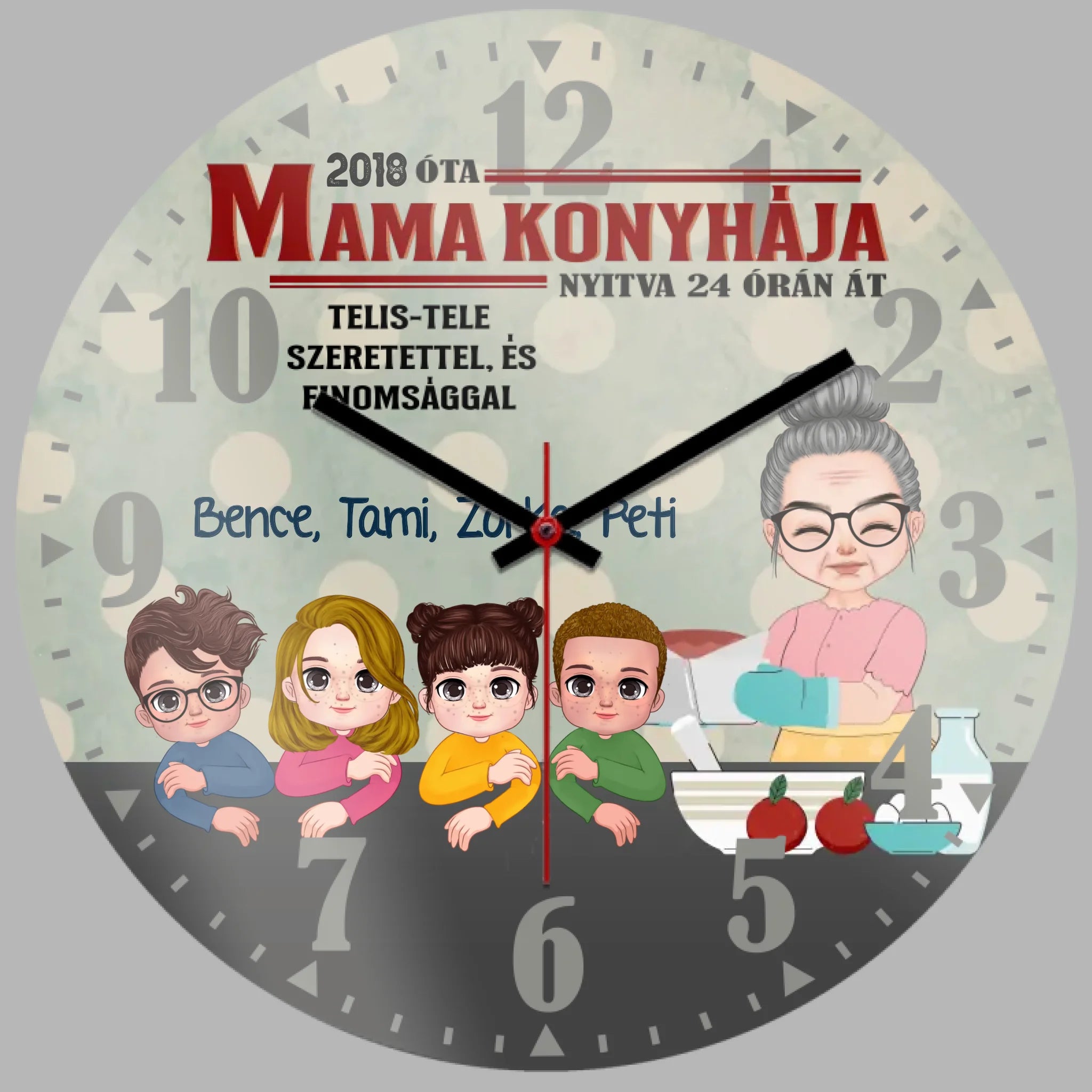 Mama konyhája falióra- személyre szabható ajándék nagymamáknak unokákkal