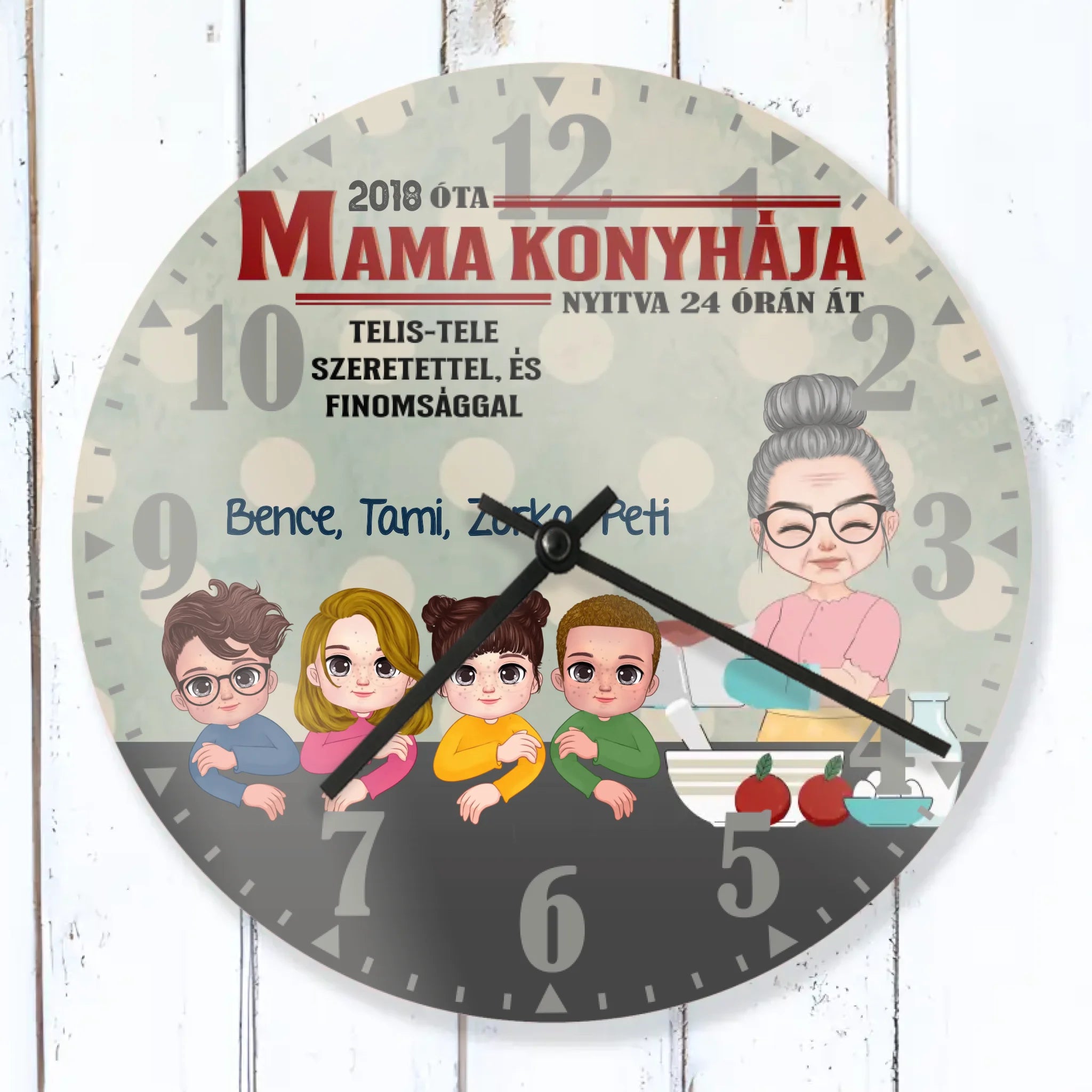 Mama konyhája falióra- személyre szabható ajándék nagymamáknak unokákkal