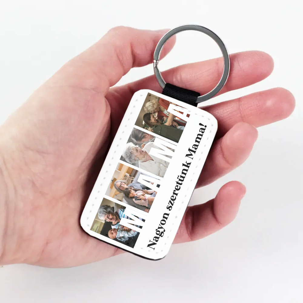 Ajándék Mamának - Egyedi képes Mama szeretünk bőrkulcstartó