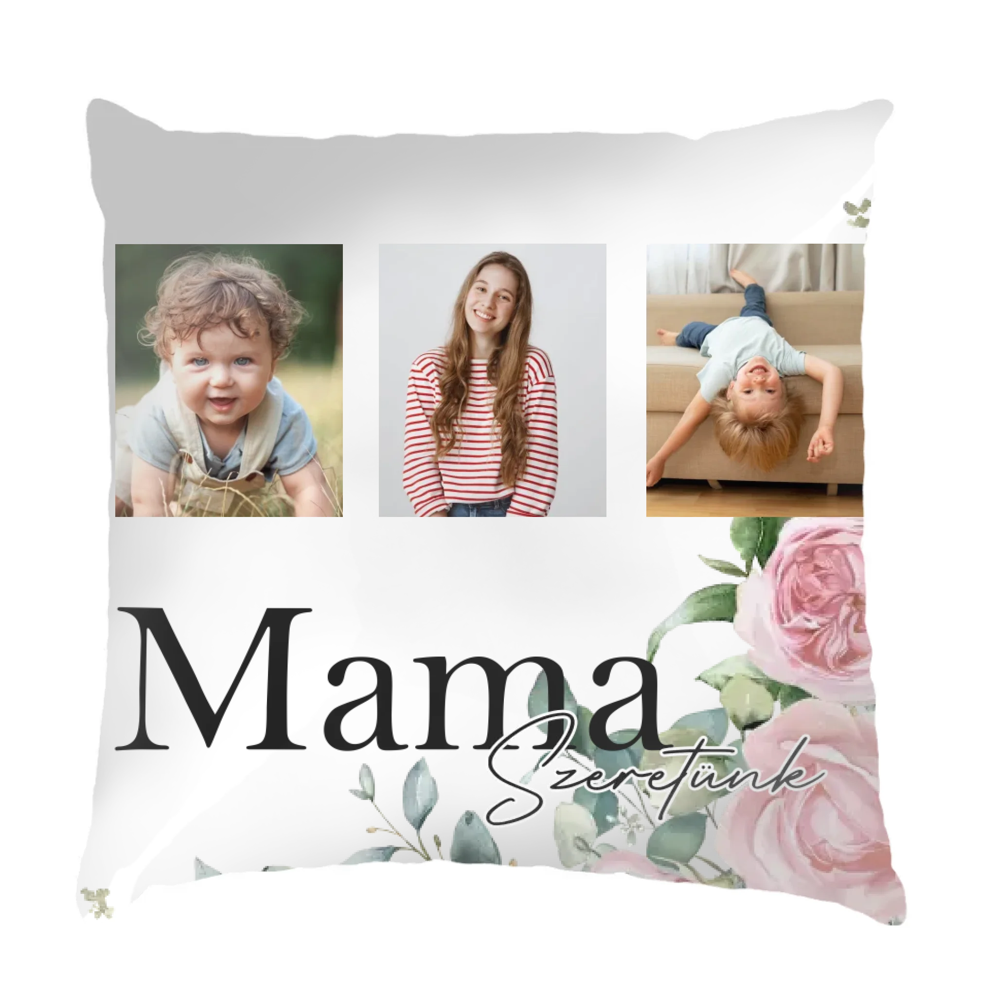 Mama szeretünk - egyedi képes fullprint párna választható felirattal