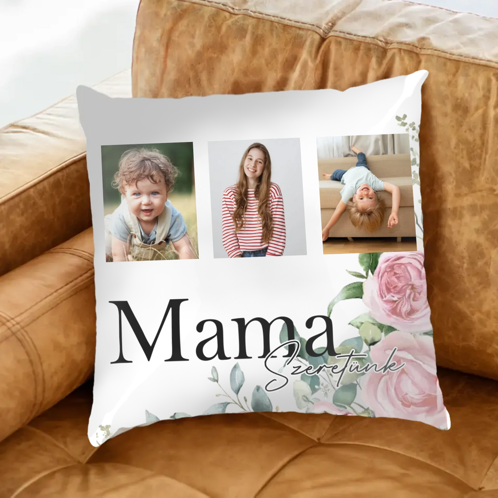 Mama szeretünk - egyedi képes fullprint párna választható felirattal