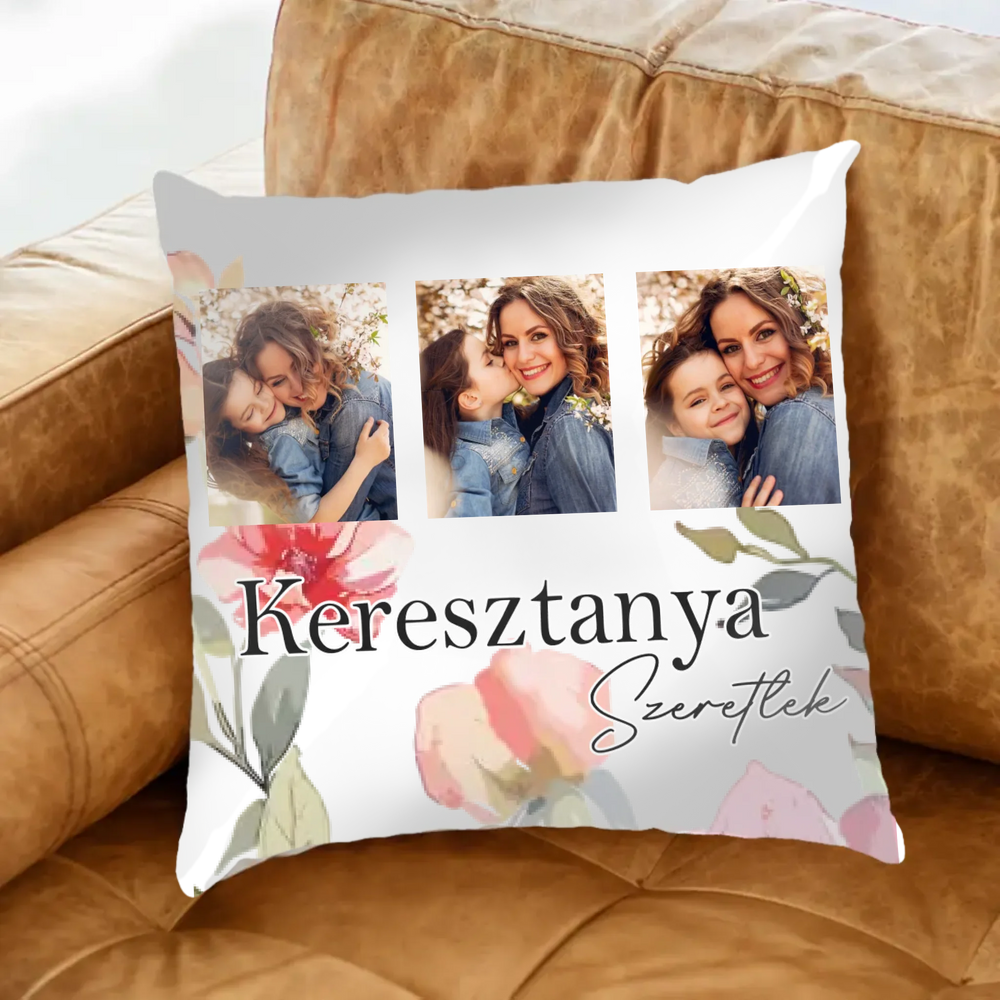 Keresztanya szeretünk - egyedi képes fullprint párna választható felirattal