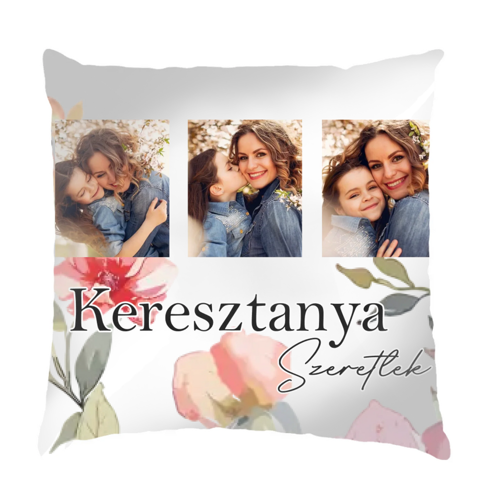Keresztanya szeretünk - egyedi képes fullprint párna választható felirattal