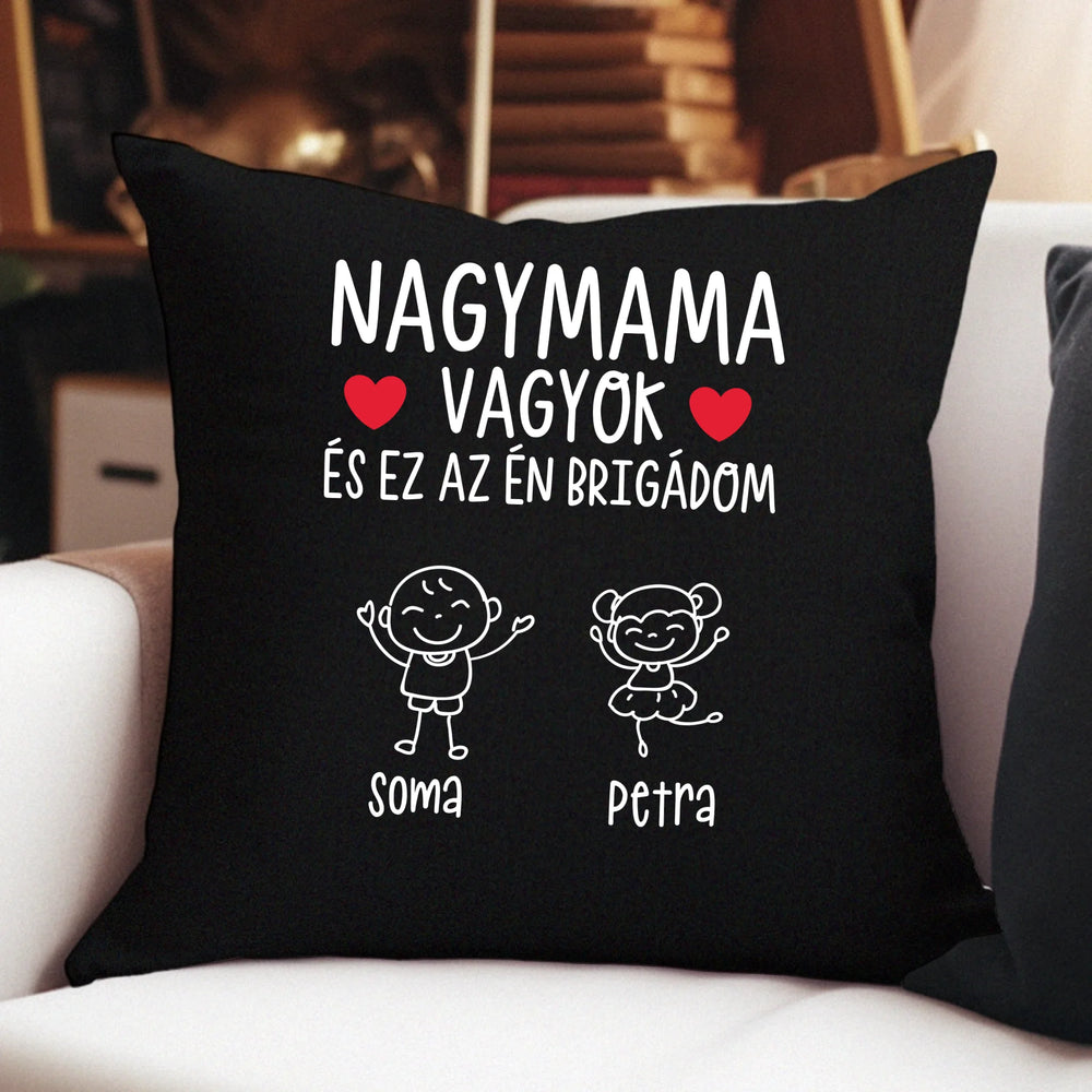 Ajándék Mamáknak - Nagymama brigádja fekete párna akár 6 unokával