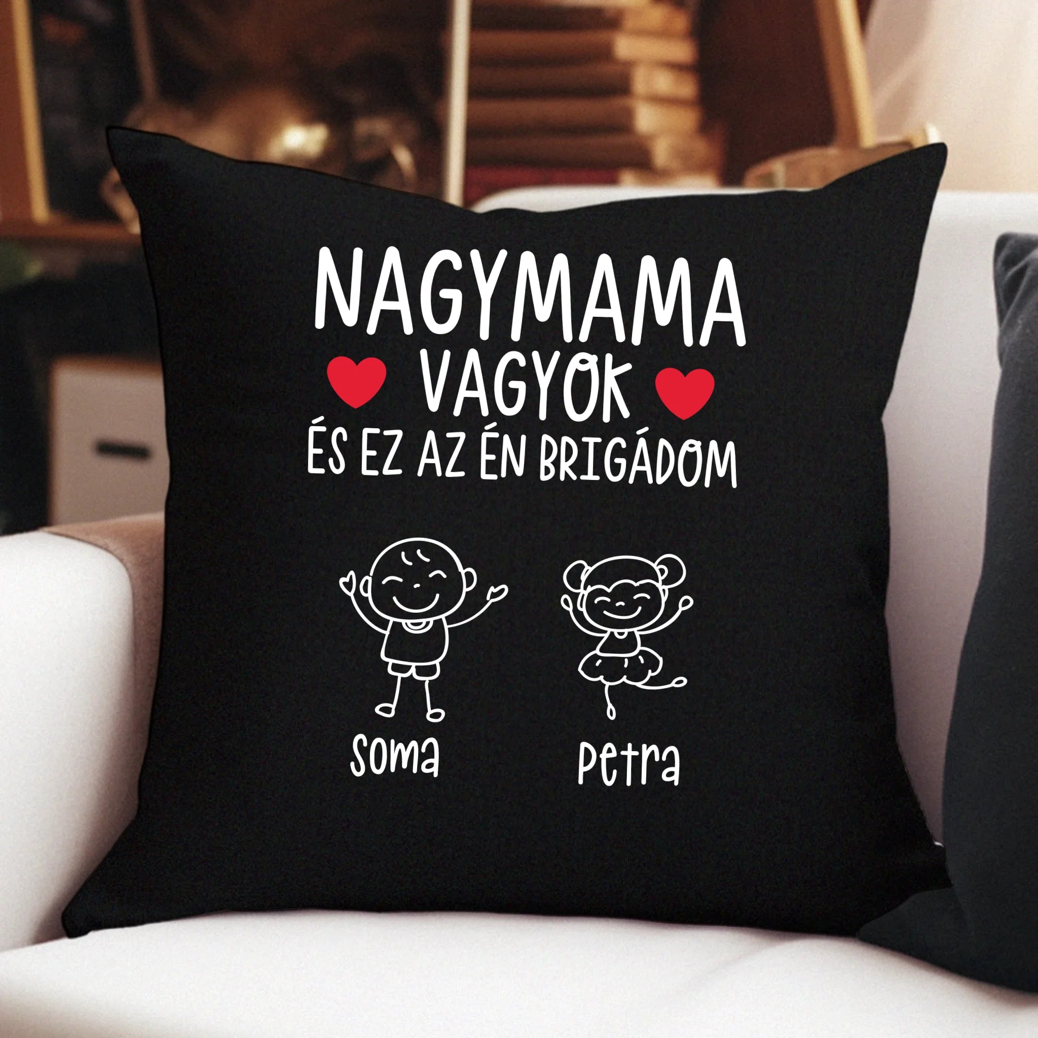 Ajándék Mamáknak - Nagymama brigádja fekete párna akár 6 unokával