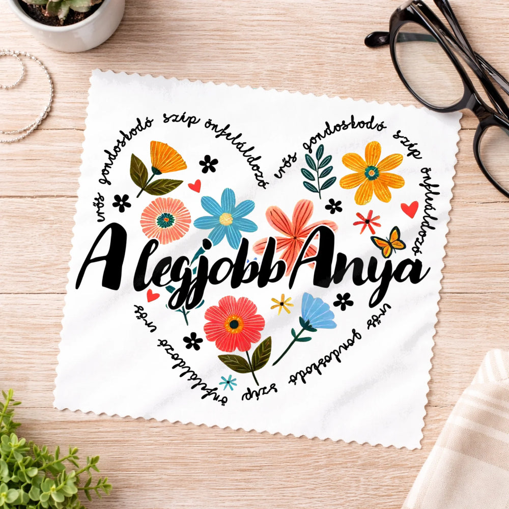 Egyedi szemüvegtörlő kendő anyáknak - a legjobb Anya felirattal, körbefutó mintával