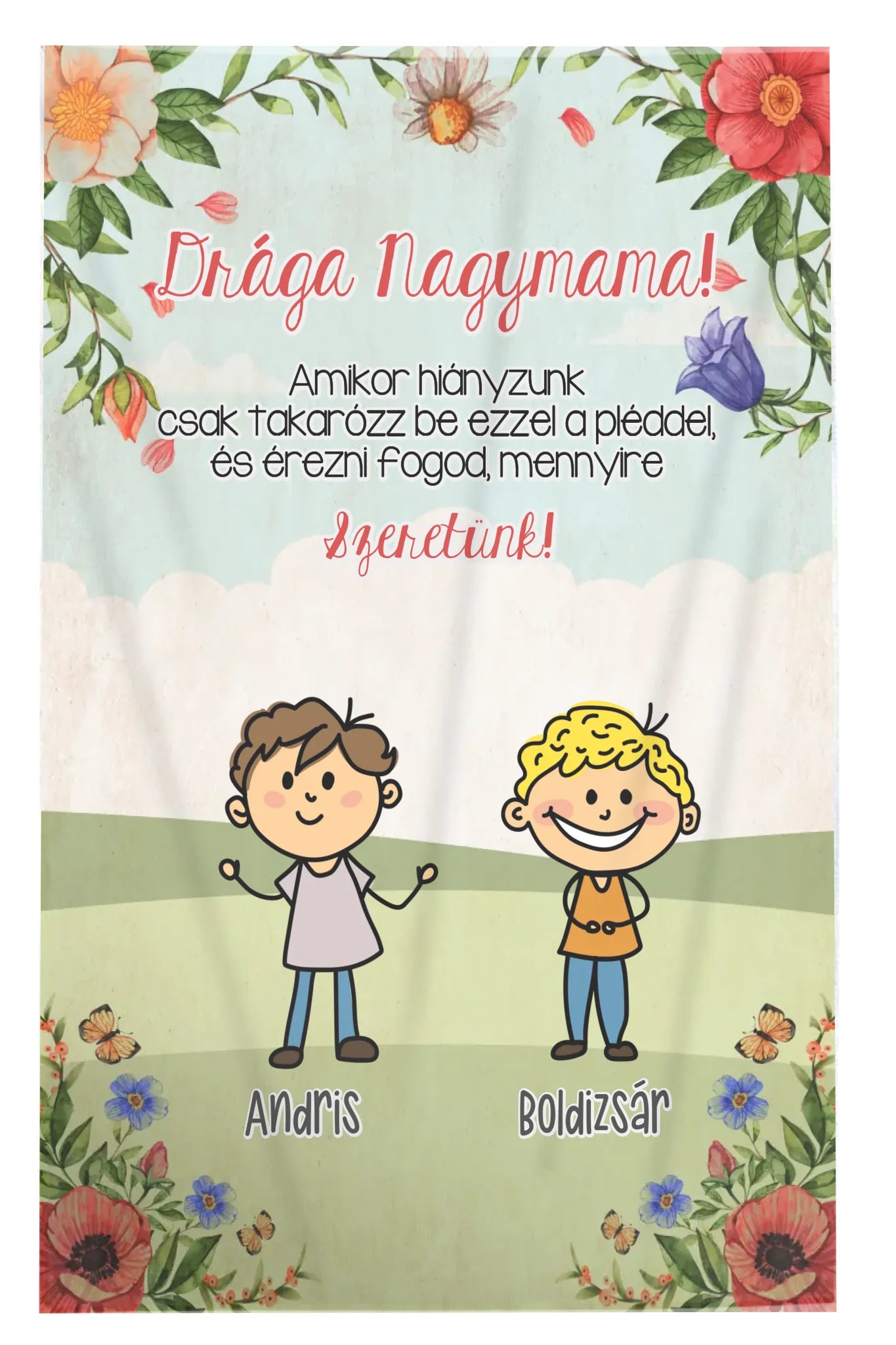 Amikor hiányzunk – egyedi nagymamás pléd nevekkel, rajzos gyerek mintával, akár 7 unokával