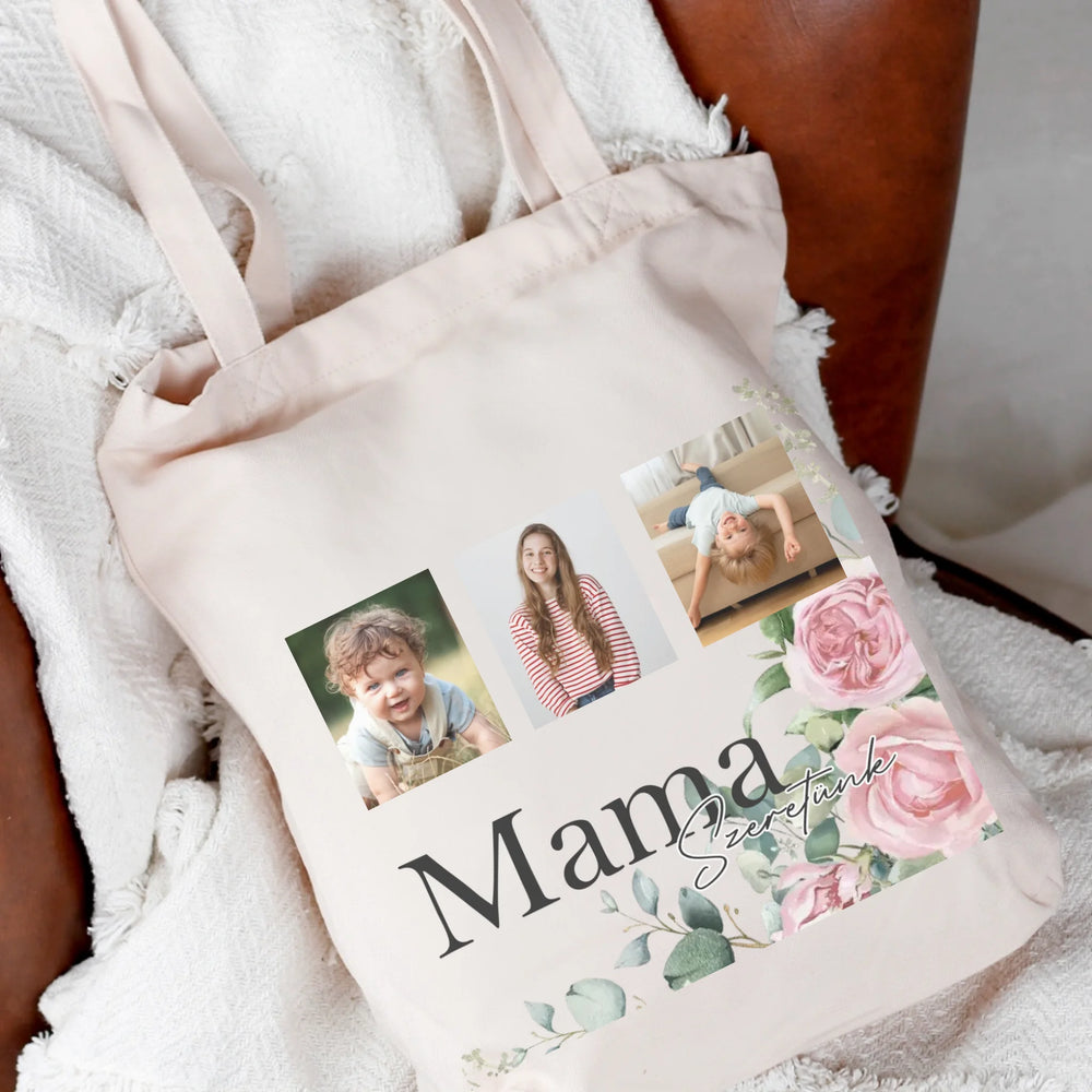 Mama szeretünk - egyedi képes vászontáska választható felirattal