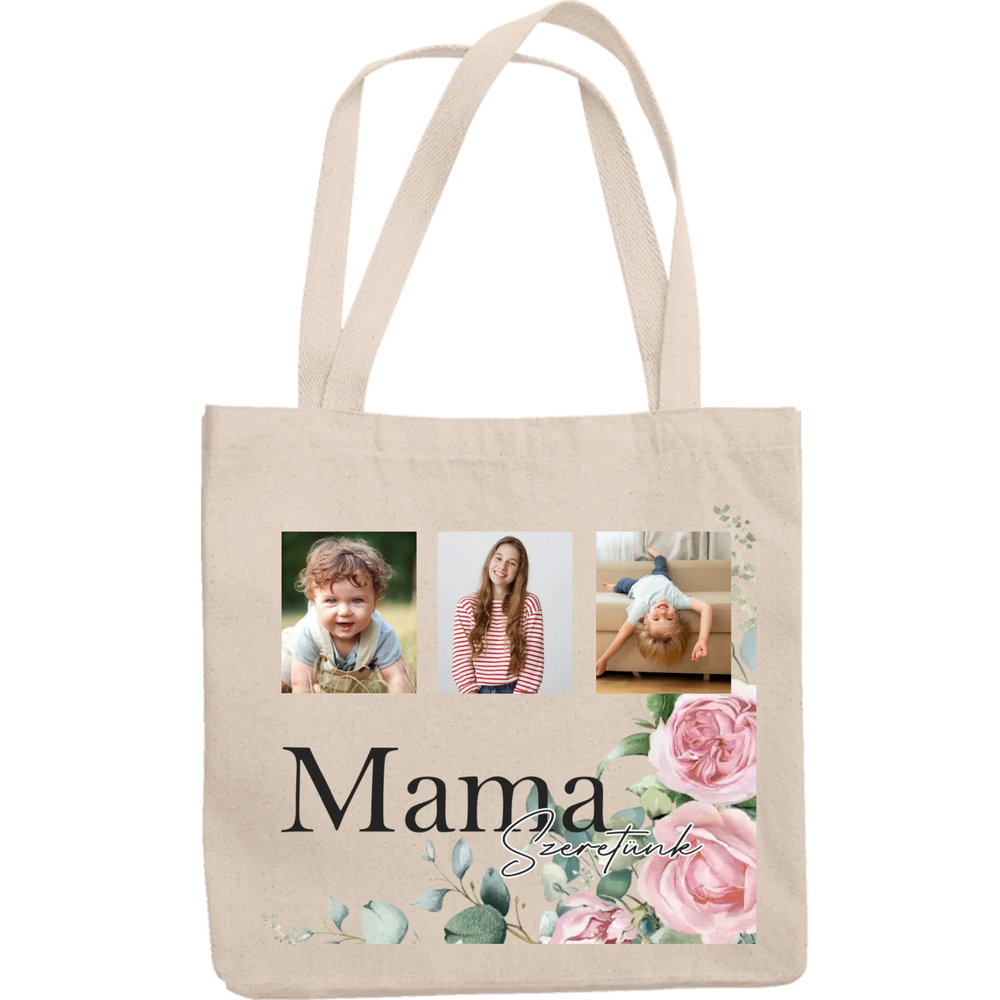 Mama szeretünk - egyedi képes vászontáska választható felirattal