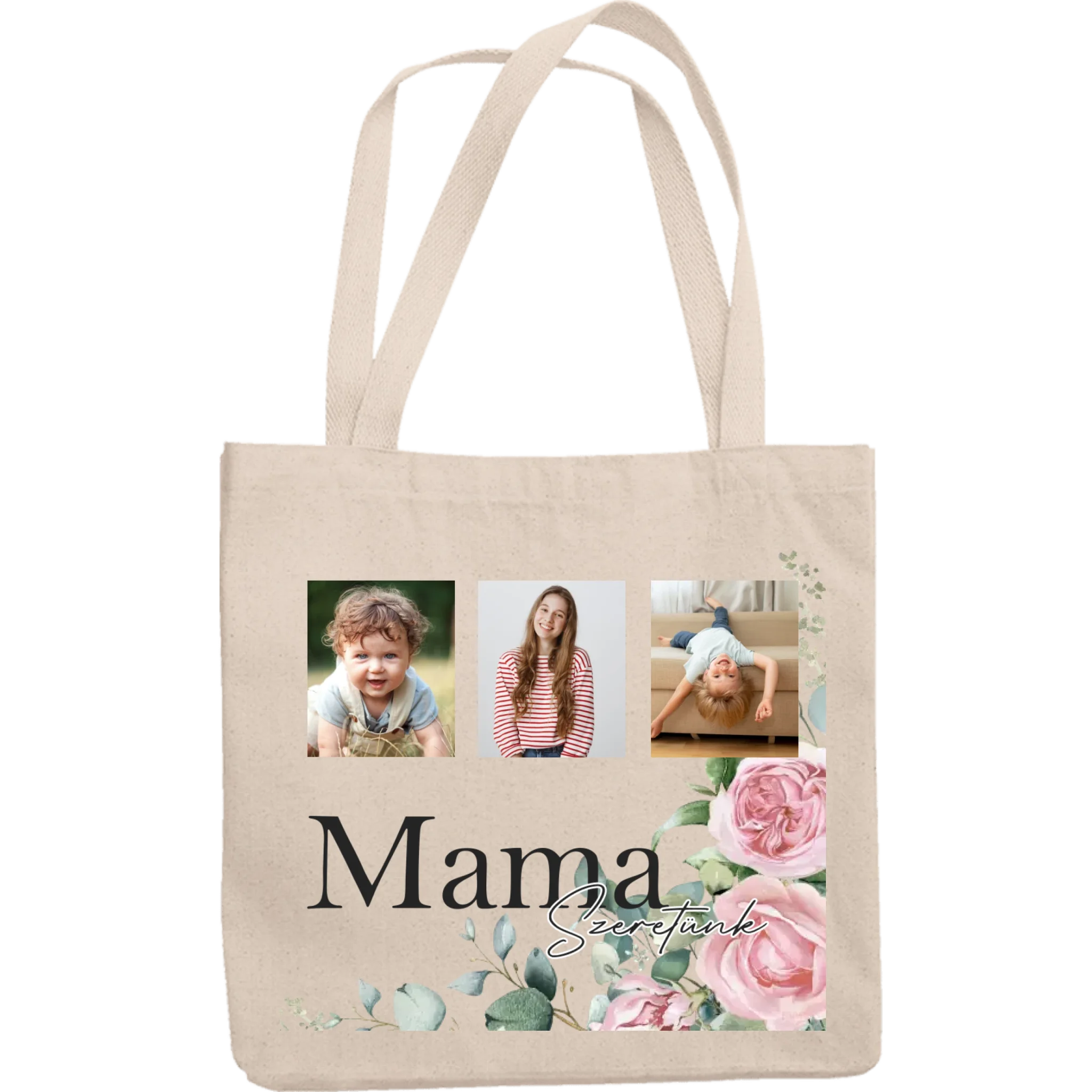 Mama szeretünk - egyedi képes vászontáska választható felirattal