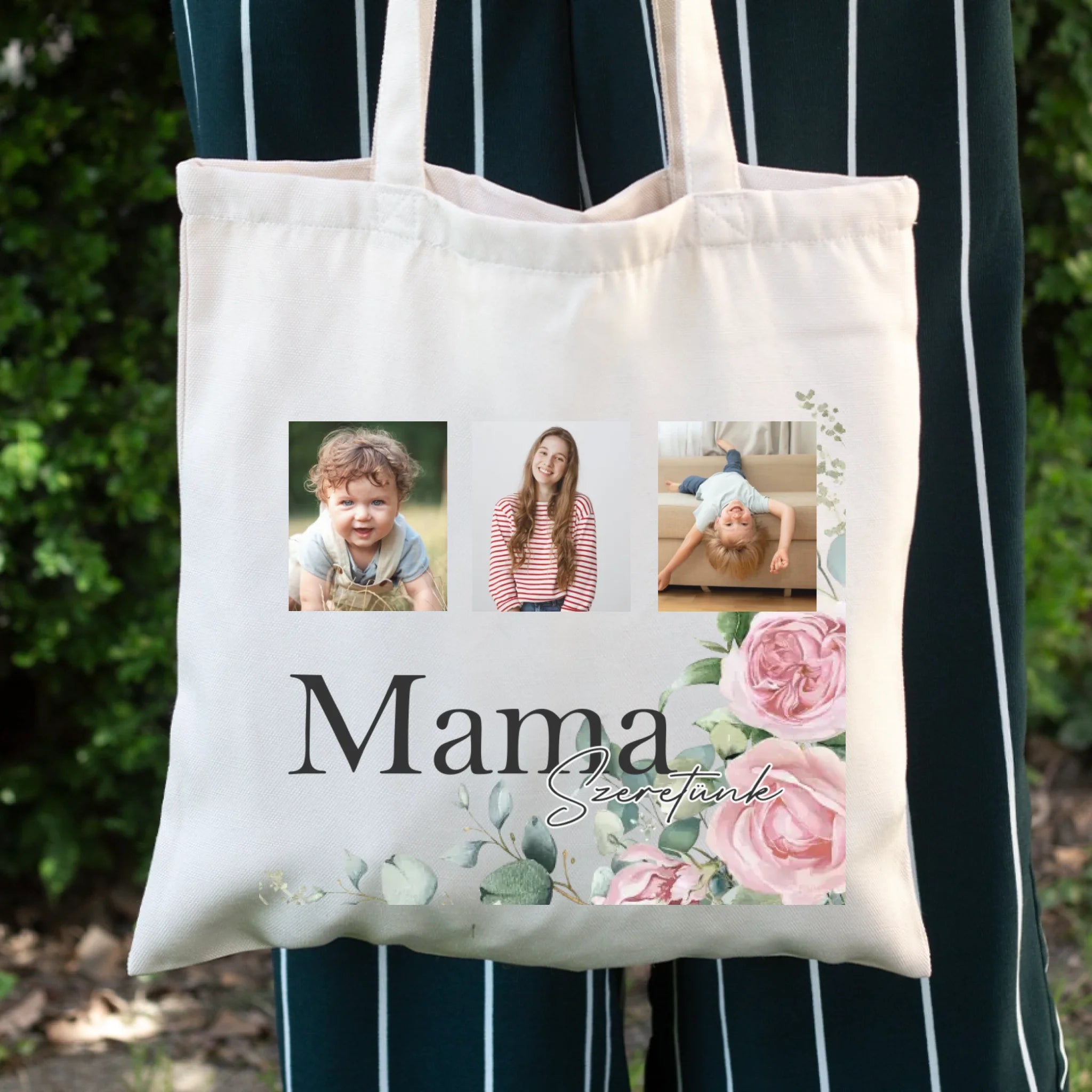 Mama szeretünk - egyedi képes vászontáska választható felirattal