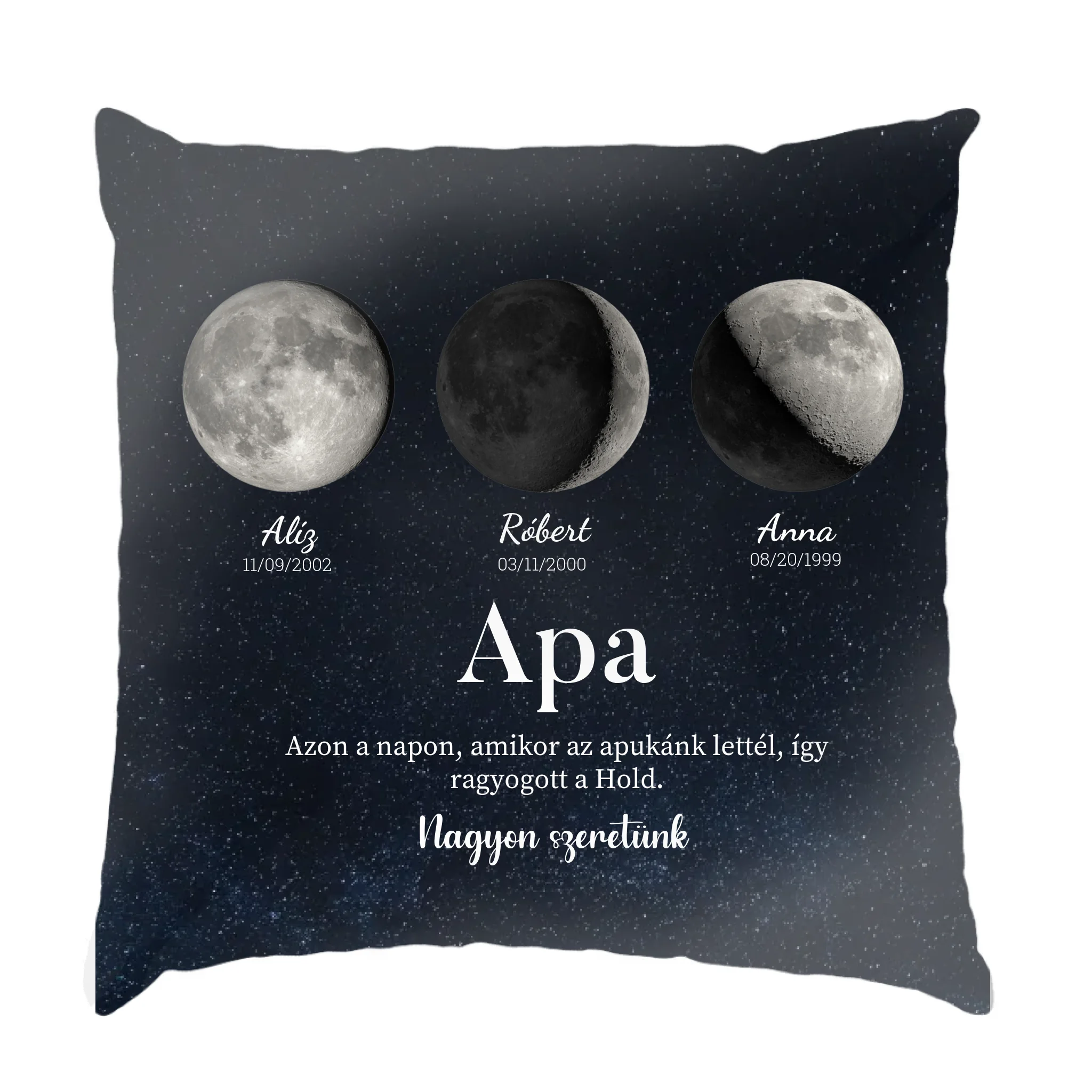 Ajándék apának - Holdfázisos fullprint párna szerkeszthető feliratokkal
