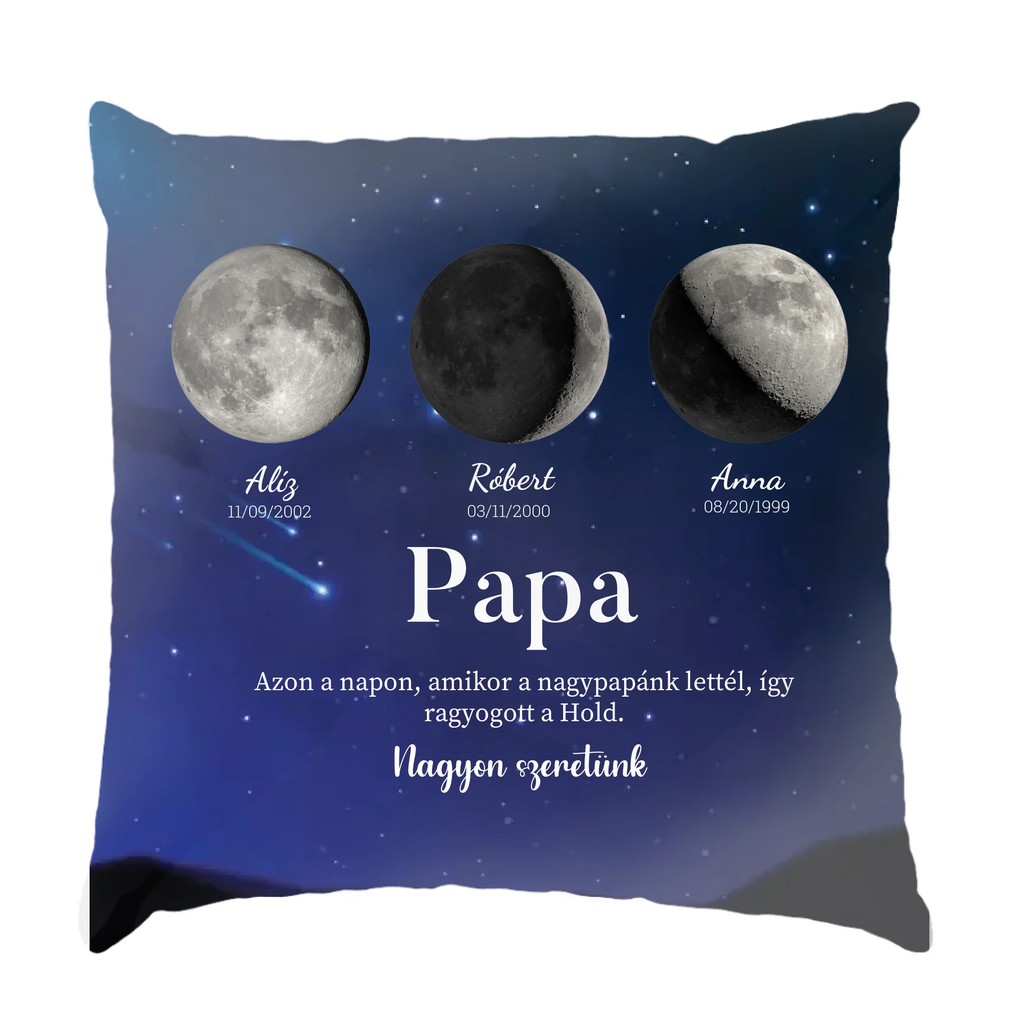 Ajándék papáknak - Holdfázisos fullprint párna szerkeszthető feliratokkal