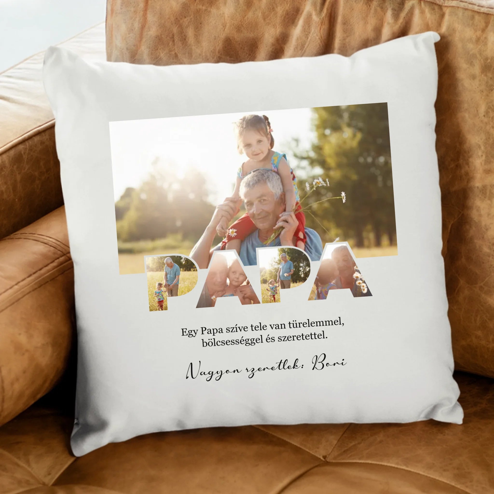 Egyedi fényképes párna Papáknak – „PAPA” felirattal, névvel és üzenettel