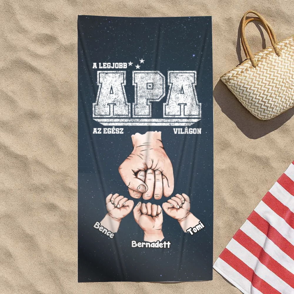 Ajándék apának - Egyedi strandtörölköző Legjobb Apa felirattal, személyre szabható mintával