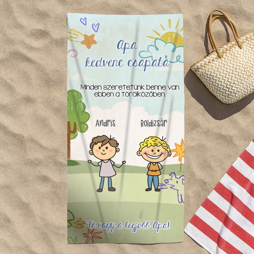 Apa kedvenc csapata egyedi törölköző apáknak gyerekrajzos mintával, akár 7 gyerekkel