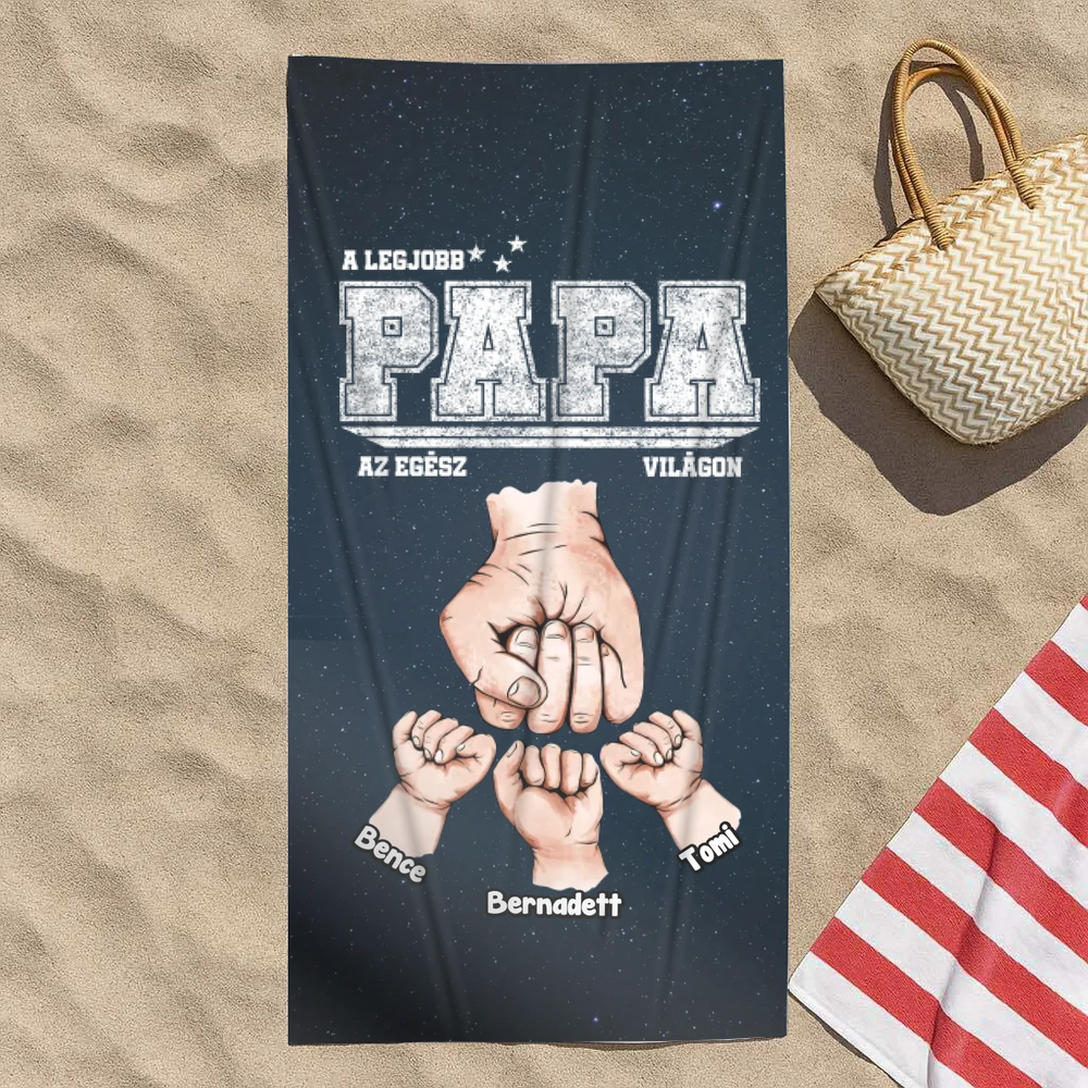 Ajándék papának - Egyedi strandtörölköző Legjobb Papa felirattal, személyre szabható mintával