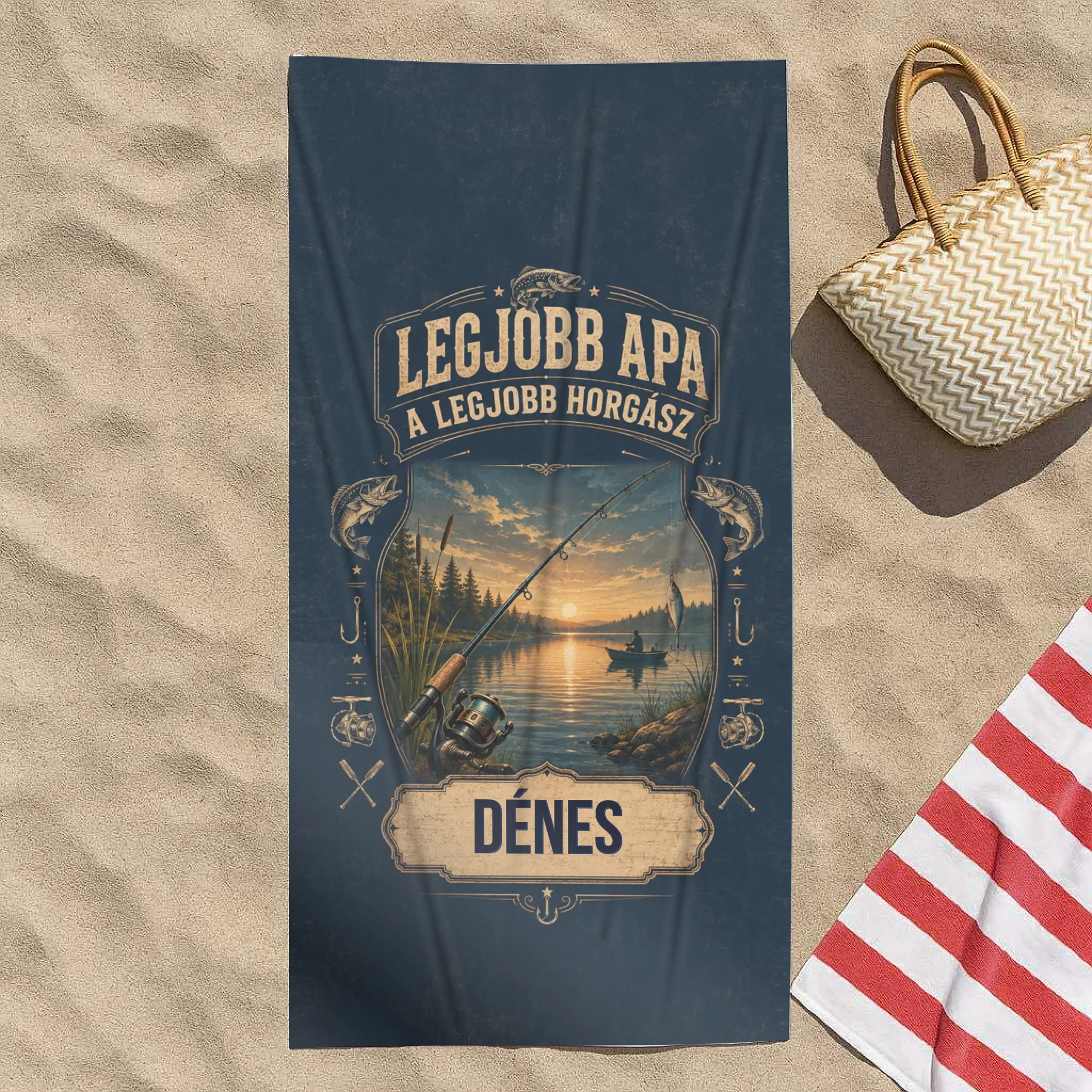 Ajándék Apának- A legjobb horgász felirattal egyedi neves strandtörölköző