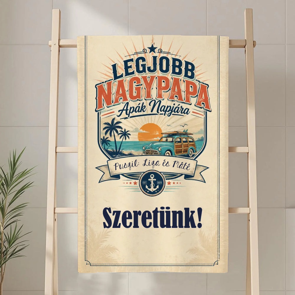 Ajándék Papának- Egyedi feliratos strandtörölköző nagypapának apák napjára