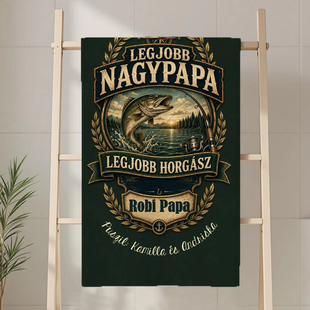 Ajándék Papának- Egyedi feliratos strandtörölköző nagypapának legjobb horgász felirattal, egyedi névvel