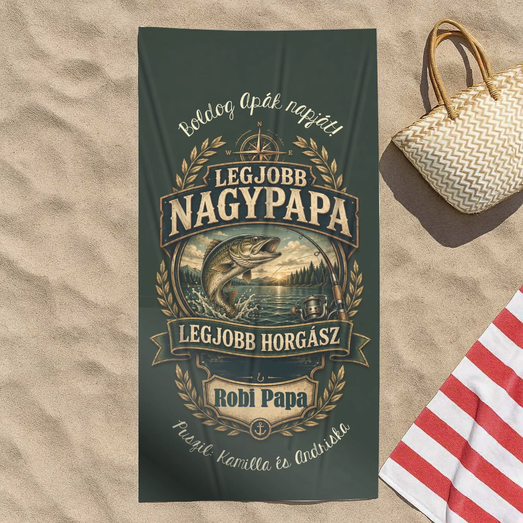 Ajándék Papának- Egyedi feliratos strandtörölköző nagypapának legjobb horgász felirattal, egyedi névvel