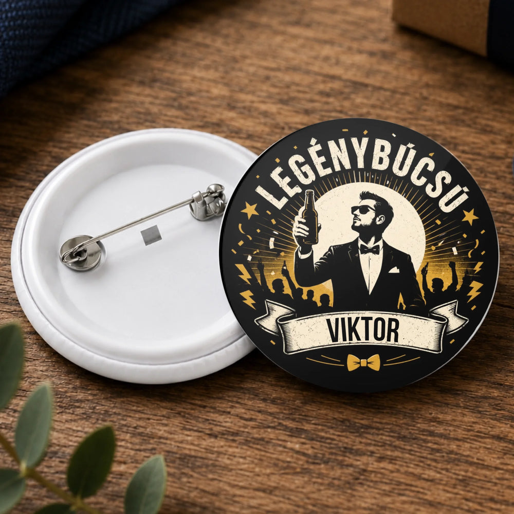 Egyedi névre szóló legénybúcsú kitűző - Bulizó vőlegény