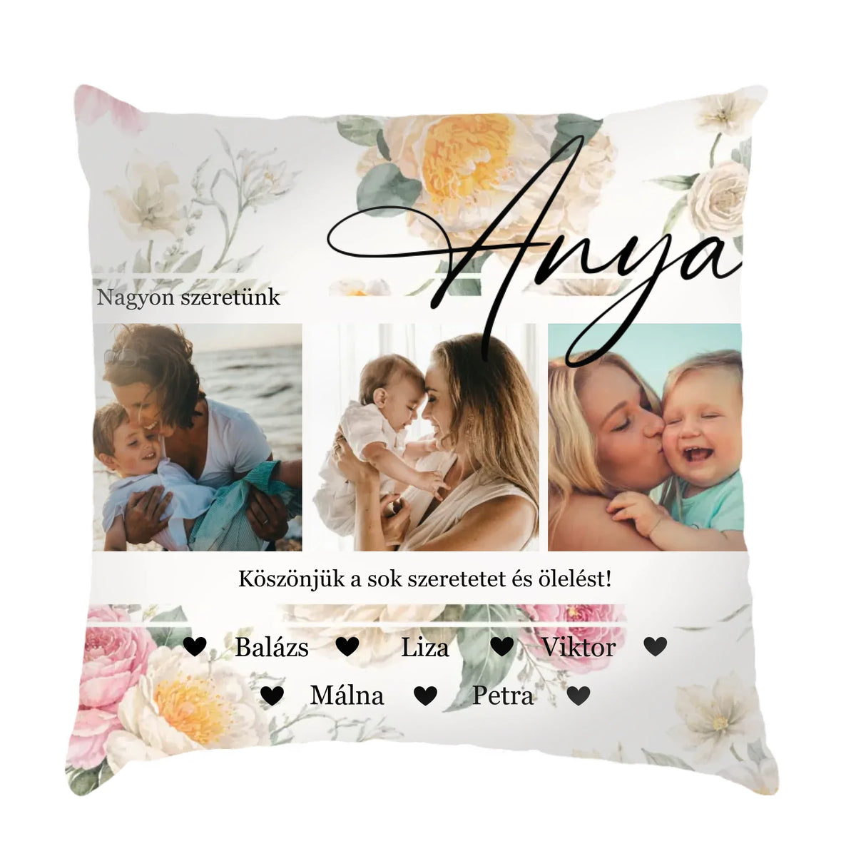 Egyedi fényképes fullprint párna Anyáknak - névvel és 3 saját képpel