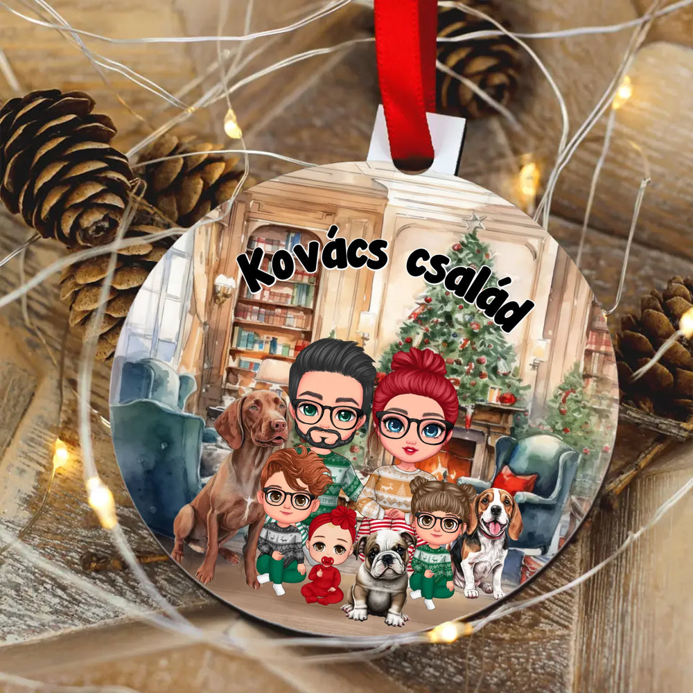 Cuki családos kerek karácsonyfadísz kutyákkal
