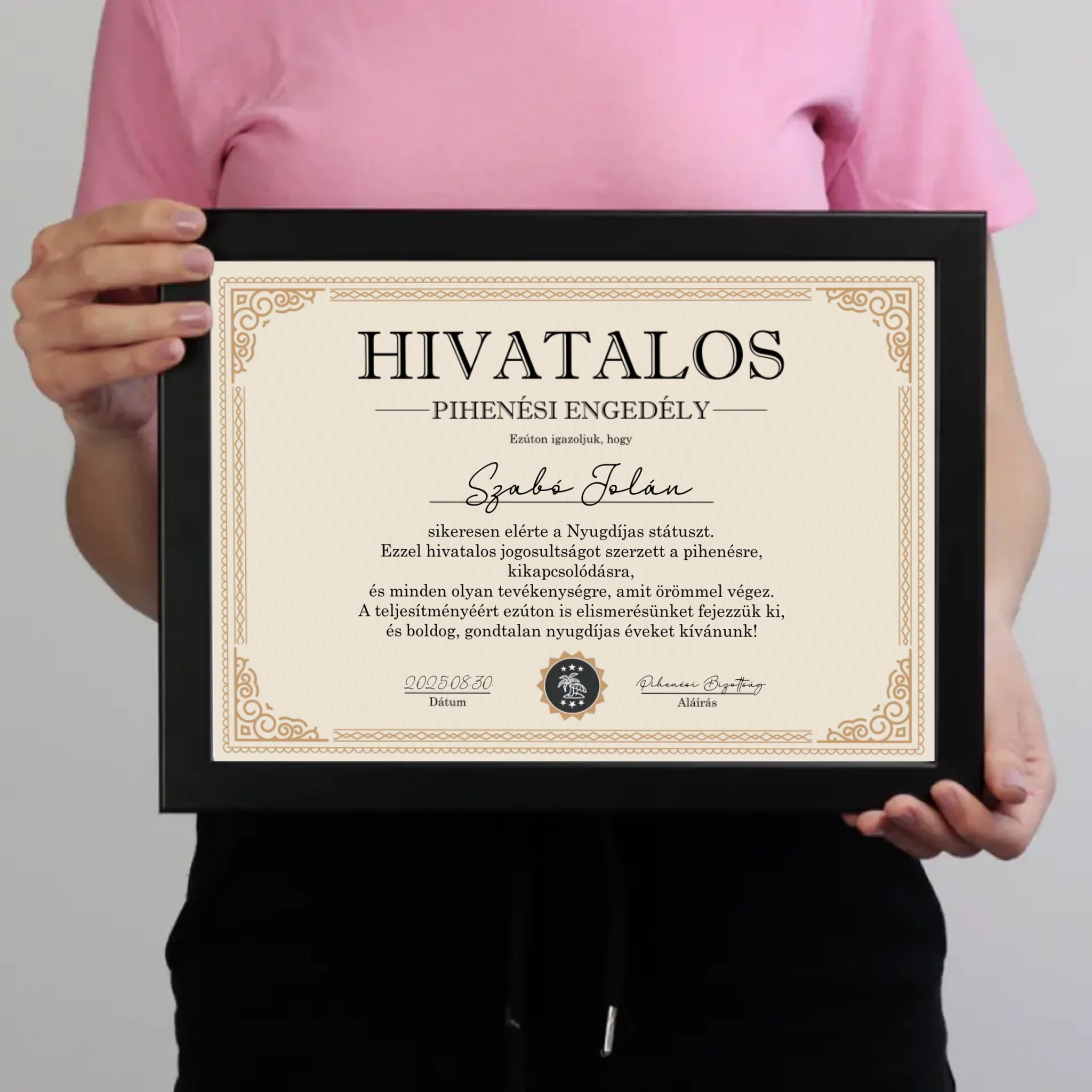 Hivatalos Pihenési Engedély - személyre szabható ajándék falikép nyugdíjasoknak 
