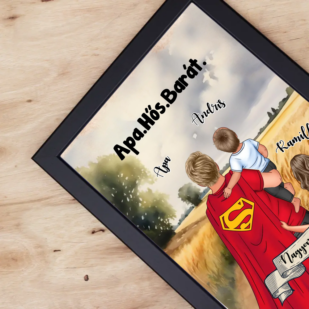 Ajándék Apáknak - Apa a mi hősünk szerkeszthető karakteres egyedi falikép