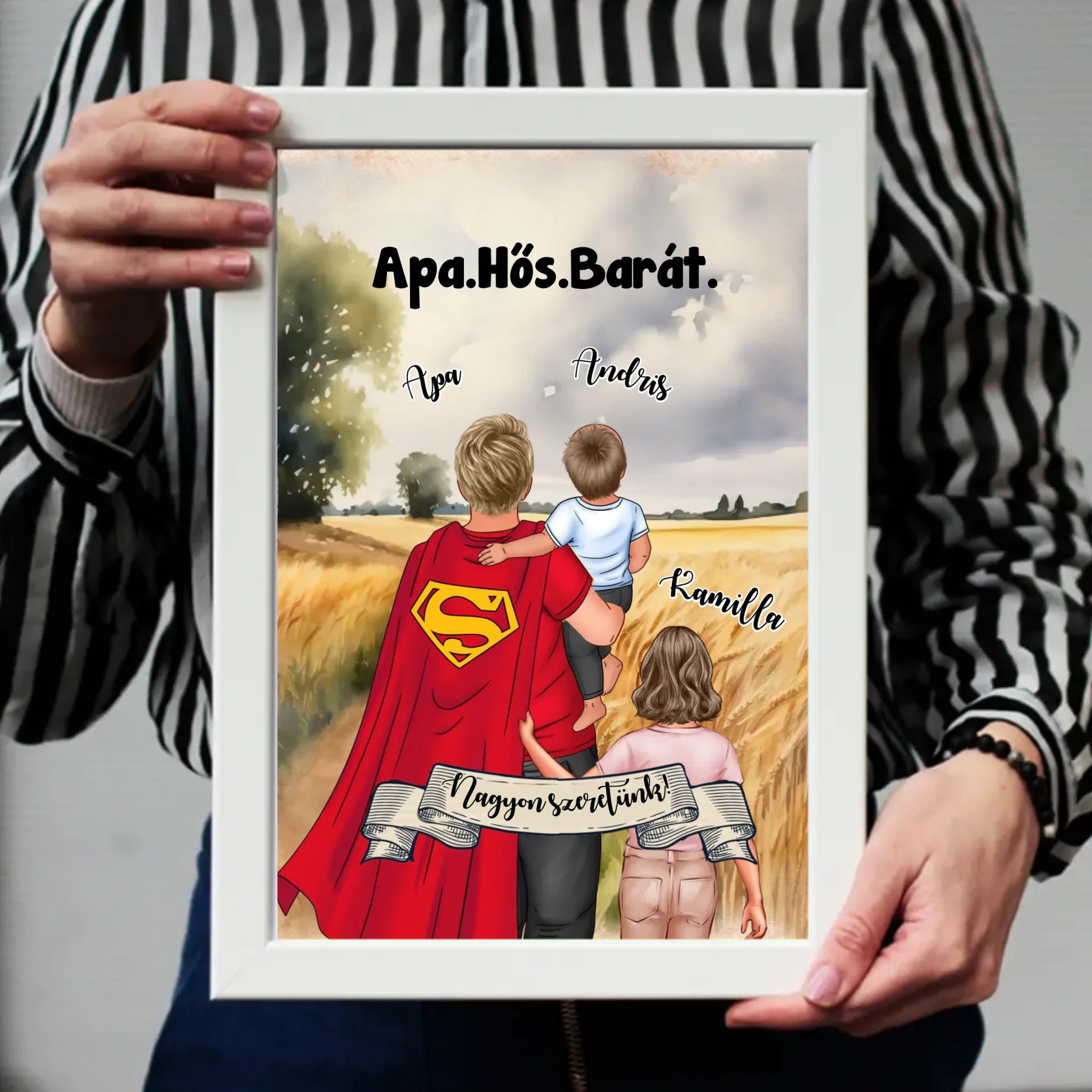 Ajándék Apáknak - Apa a mi hősünk szerkeszthető karakteres egyedi falikép