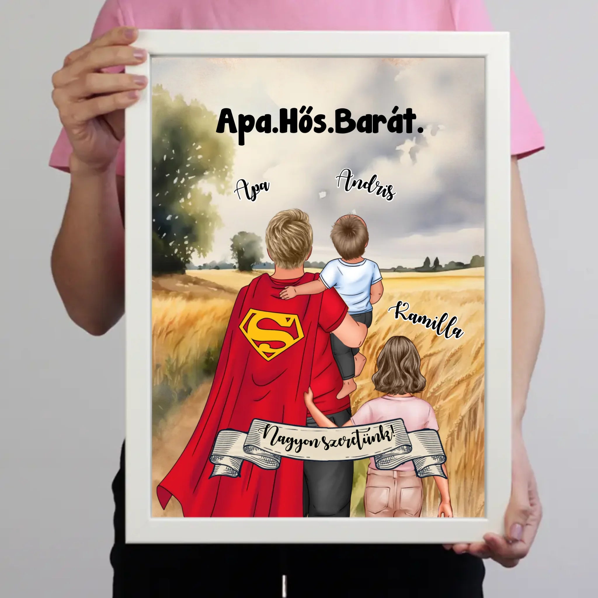 Ajándék Apáknak - Apa a mi hősünk szerkeszthető karakteres egyedi falikép