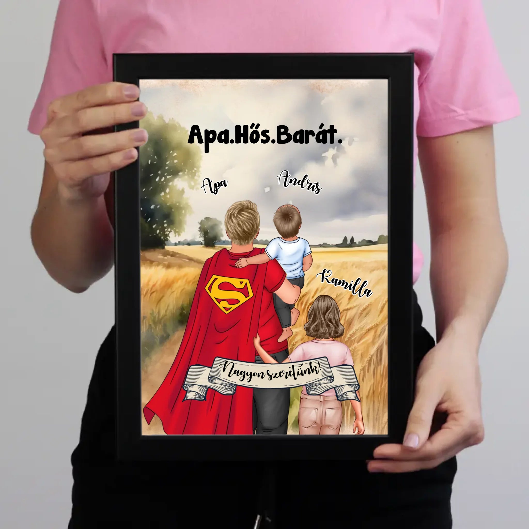 Ajándék Apáknak - Apa a mi hősünk szerkeszthető karakteres egyedi falikép
