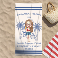 Egyedi strandtörölköző lánybúcsúra személyre szabható karakterekkel