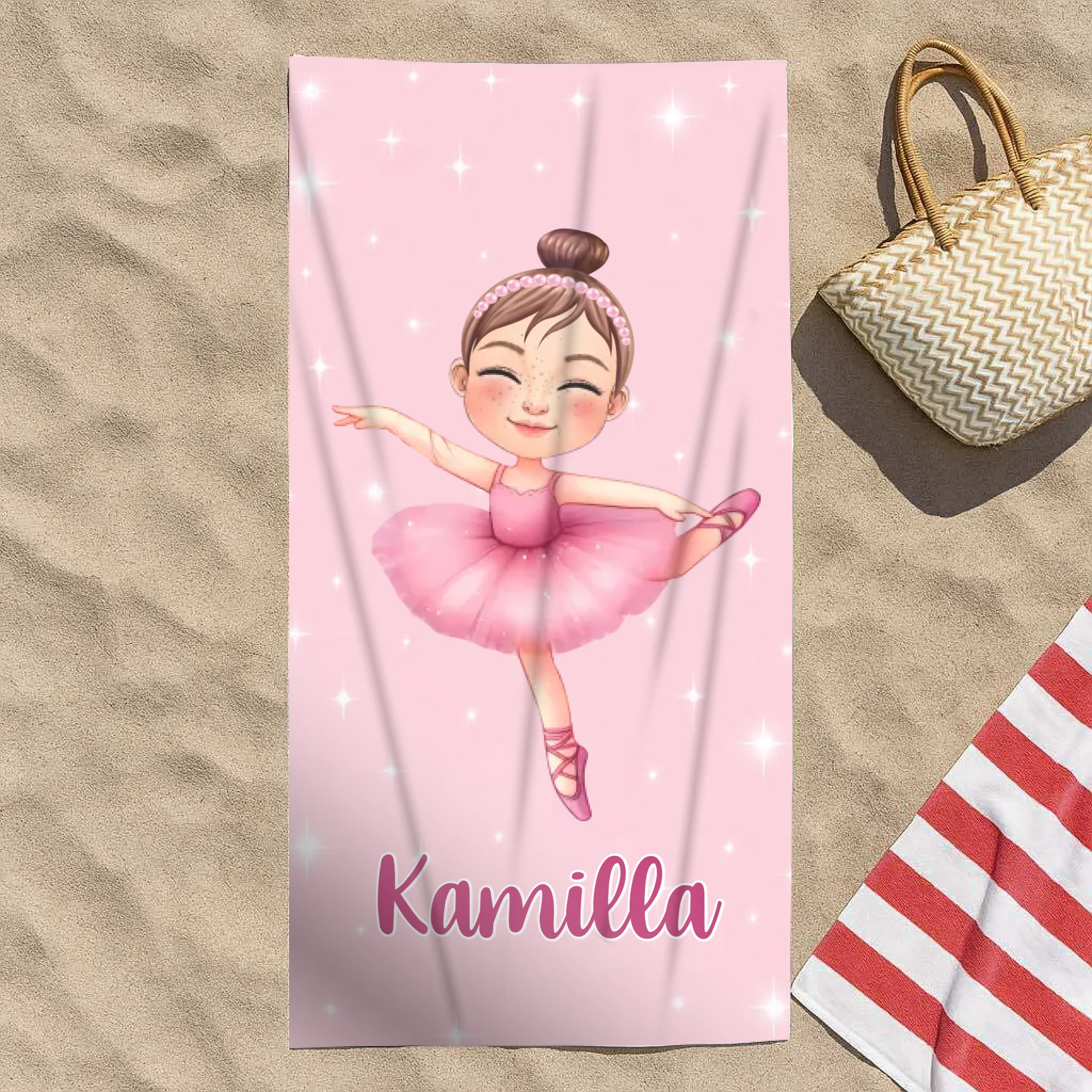 Egyedi strandtörölköző gyerekeknek ballerina mintával és névvel - személyre szabható karakterrel