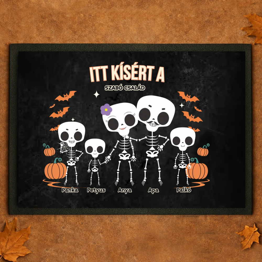Személyre szabható őszi Halloweeni lábtörlő - Skeleton Crew családi ajándék