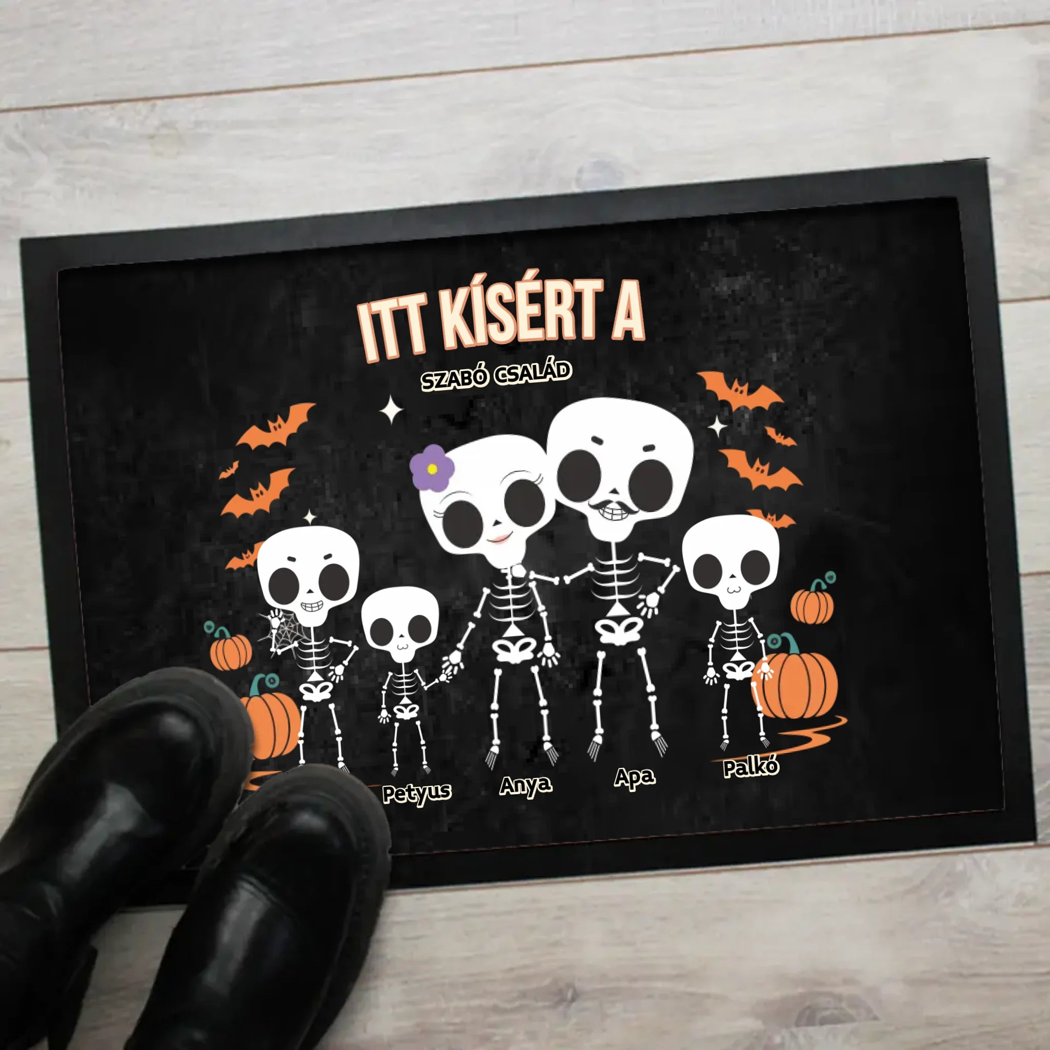 Személyre szabható őszi Halloweeni lábtörlő - Skeleton Crew családi ajándék
