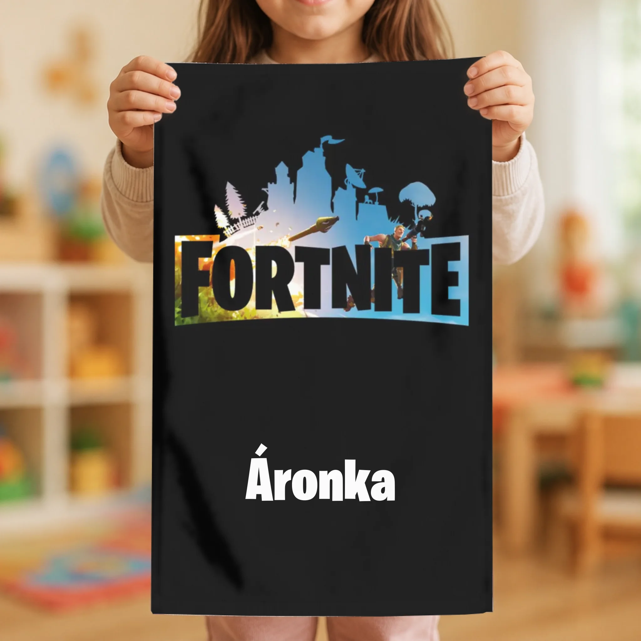 Fortnite mintás, egyedi neves ovis törölköző akasztóval