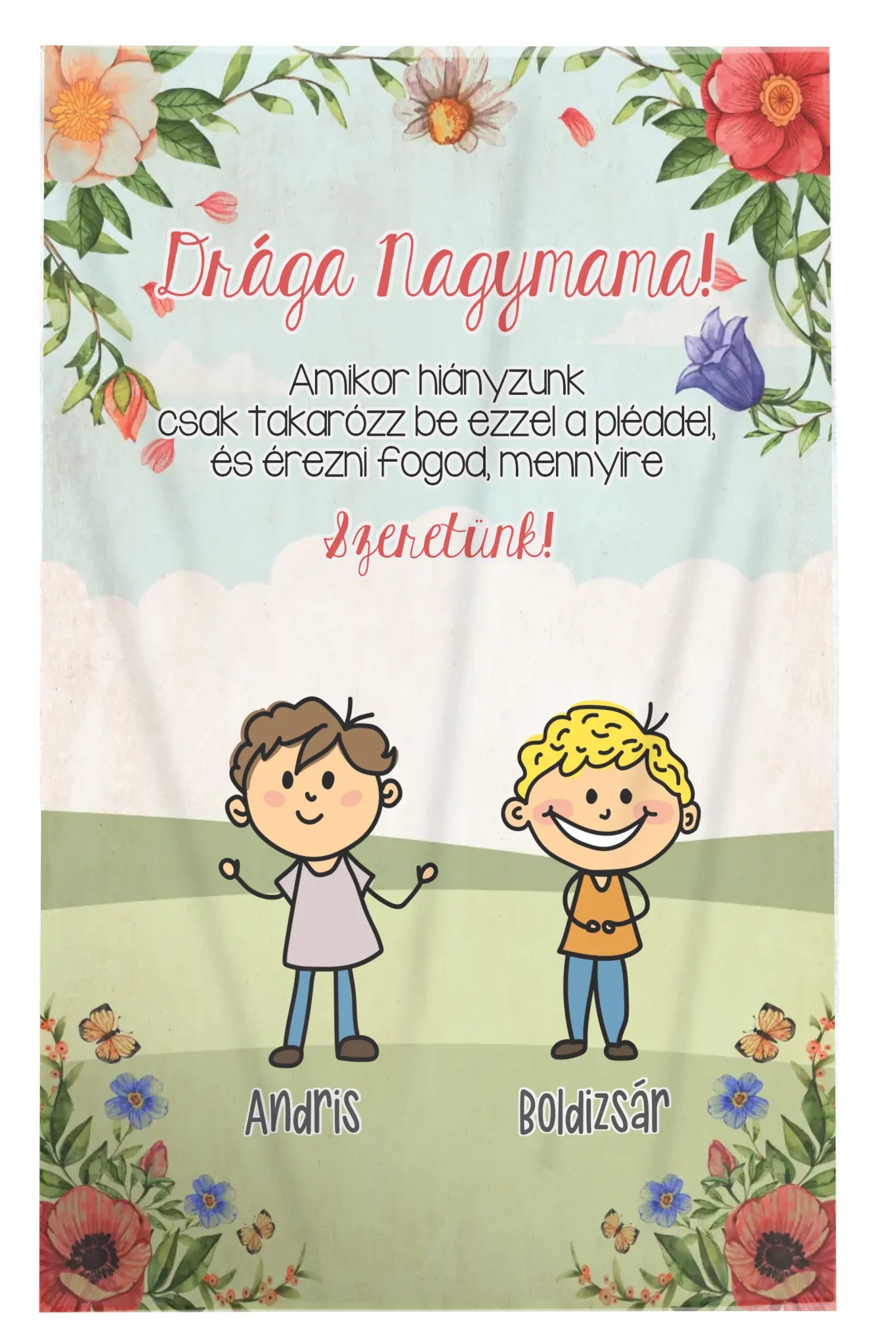 Amikor hiányzunk – egyedi nagymamás pléd nevekkel, rajzos gyerek mintával, akár 7 unokával