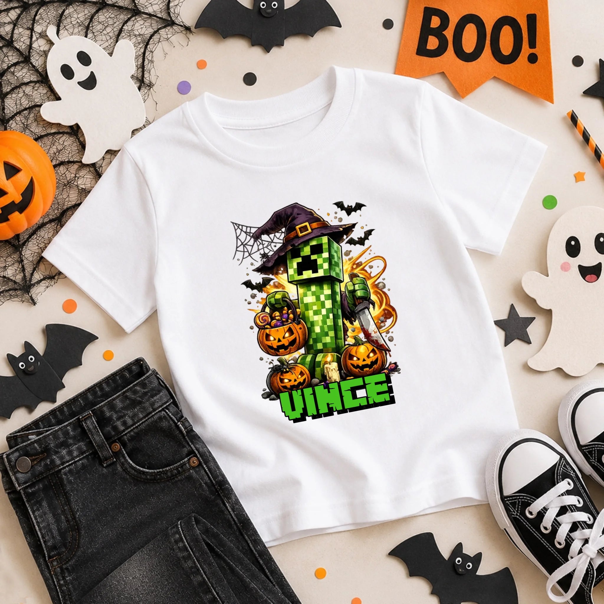  Minecraft mintás halloweeni gyerek póló egyedi névvel