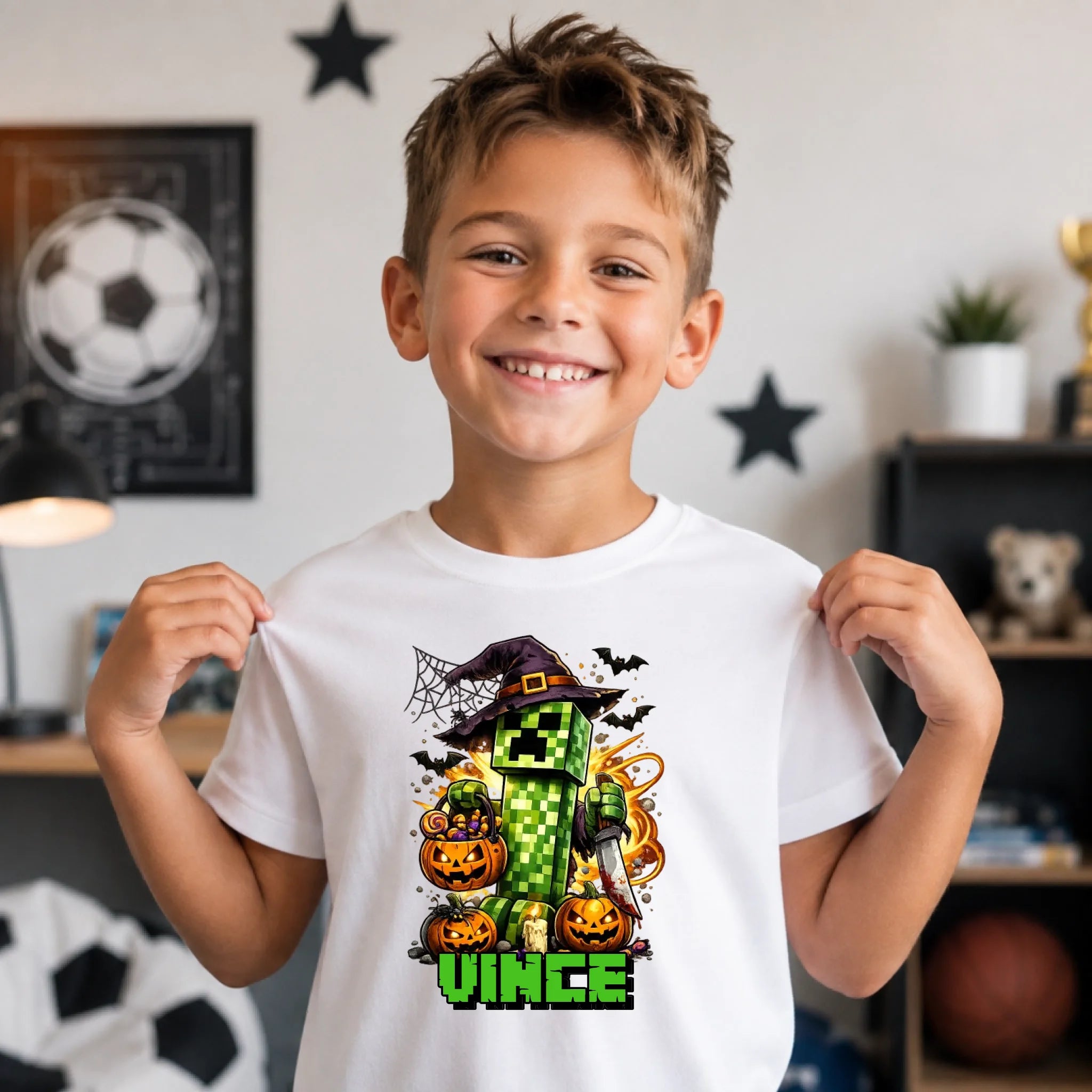 Minecraft mintás halloweeni gyerek póló egyedi névvel