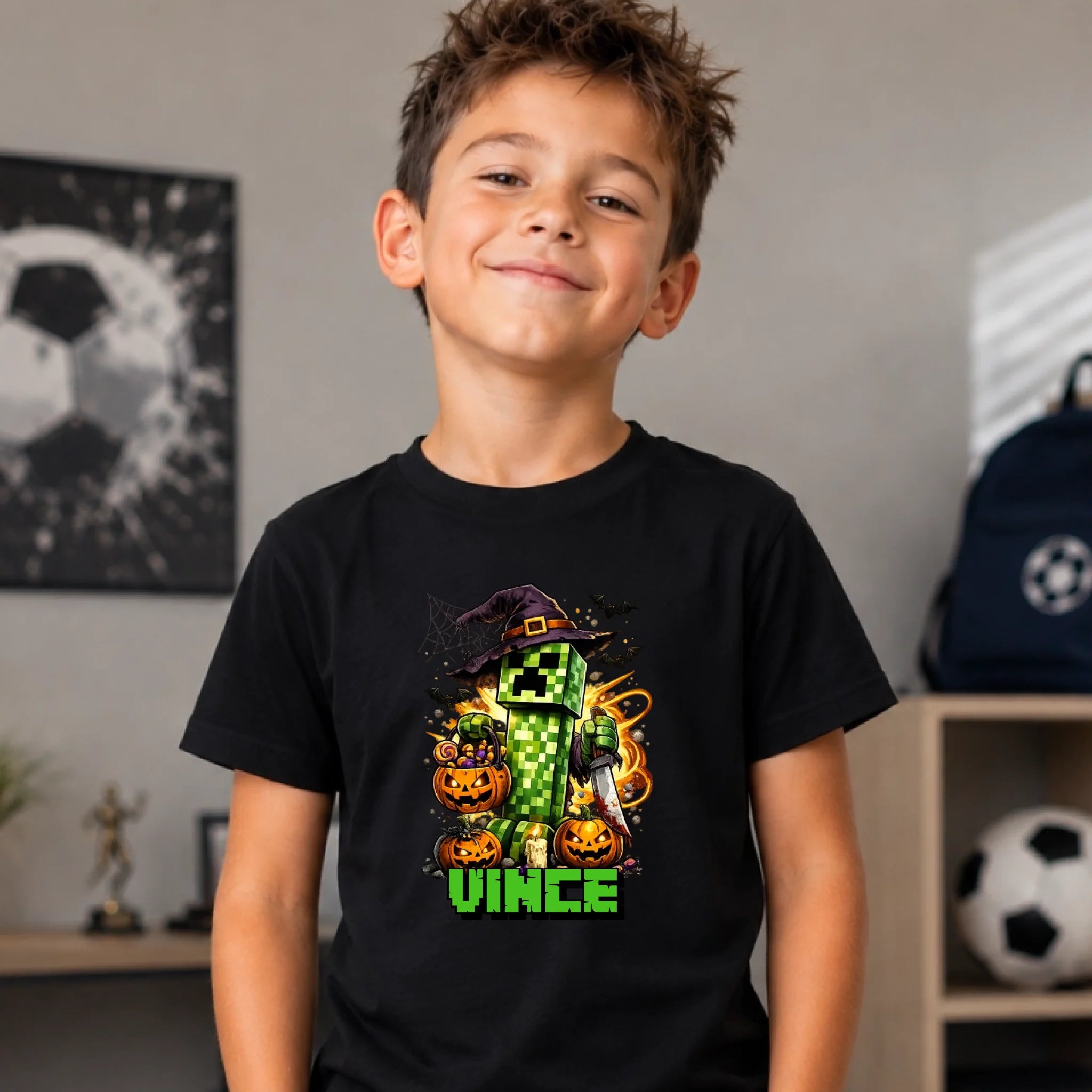 Minecraft mintás halloweeni gyerek póló egyedi névvel