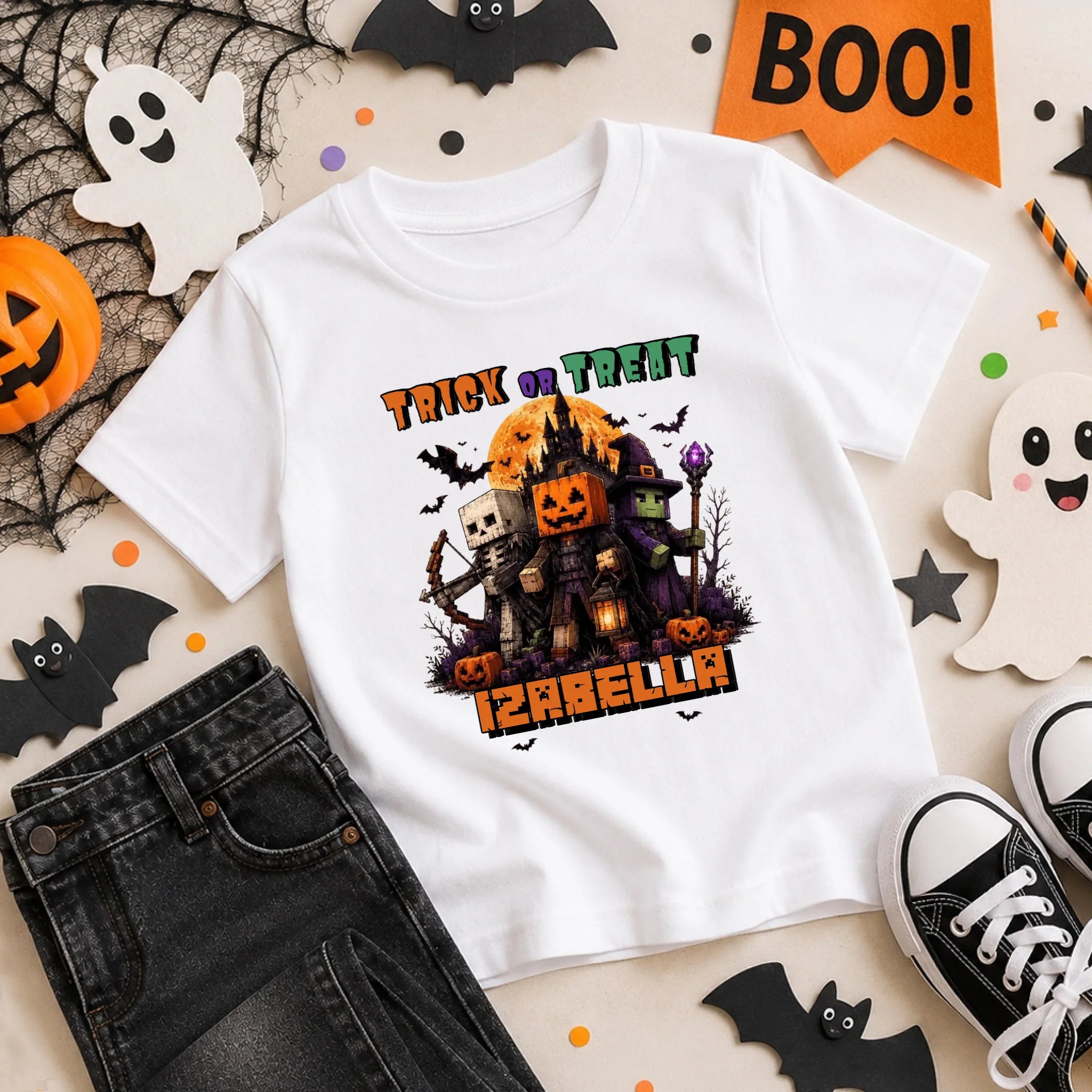 Trick or Treat Minecraft mintás halloweeni gyerek póló egyedi névvel