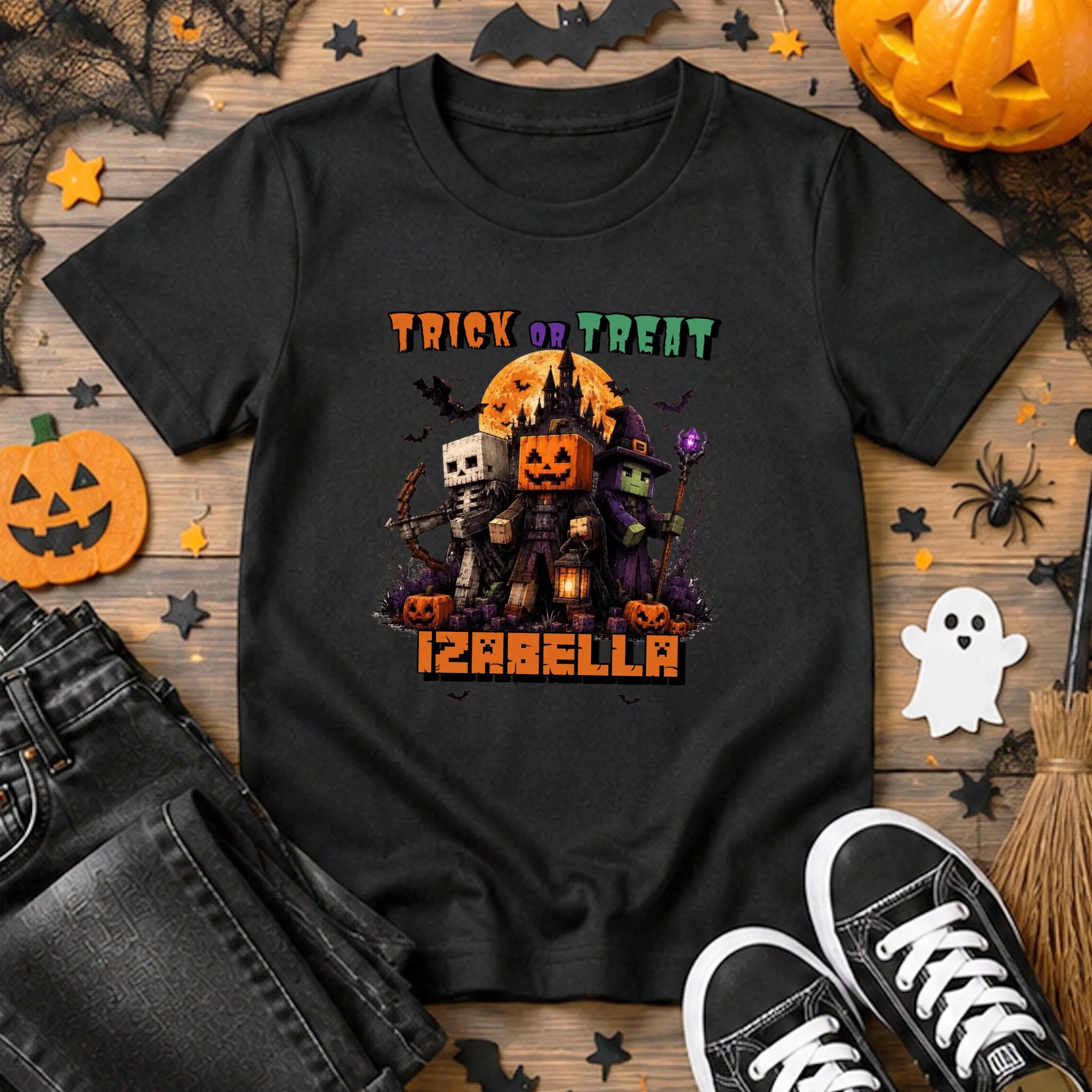  Minecraft mintás halloweeni gyerek póló egyedi névvelTrick or Treat Minecraft mintás halloweeni gyerek póló egyedi névvel