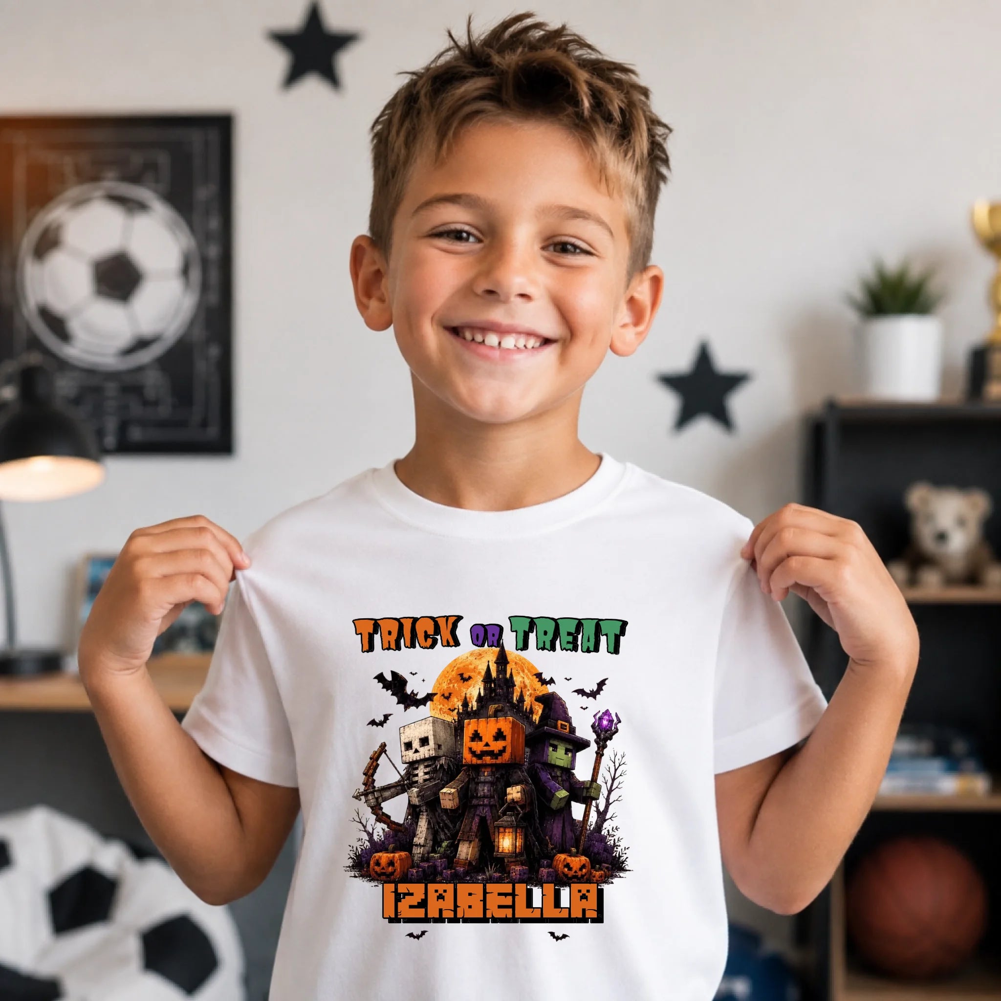 Trick or Treat Minecraft mintás halloweeni gyerek póló egyedi névvel