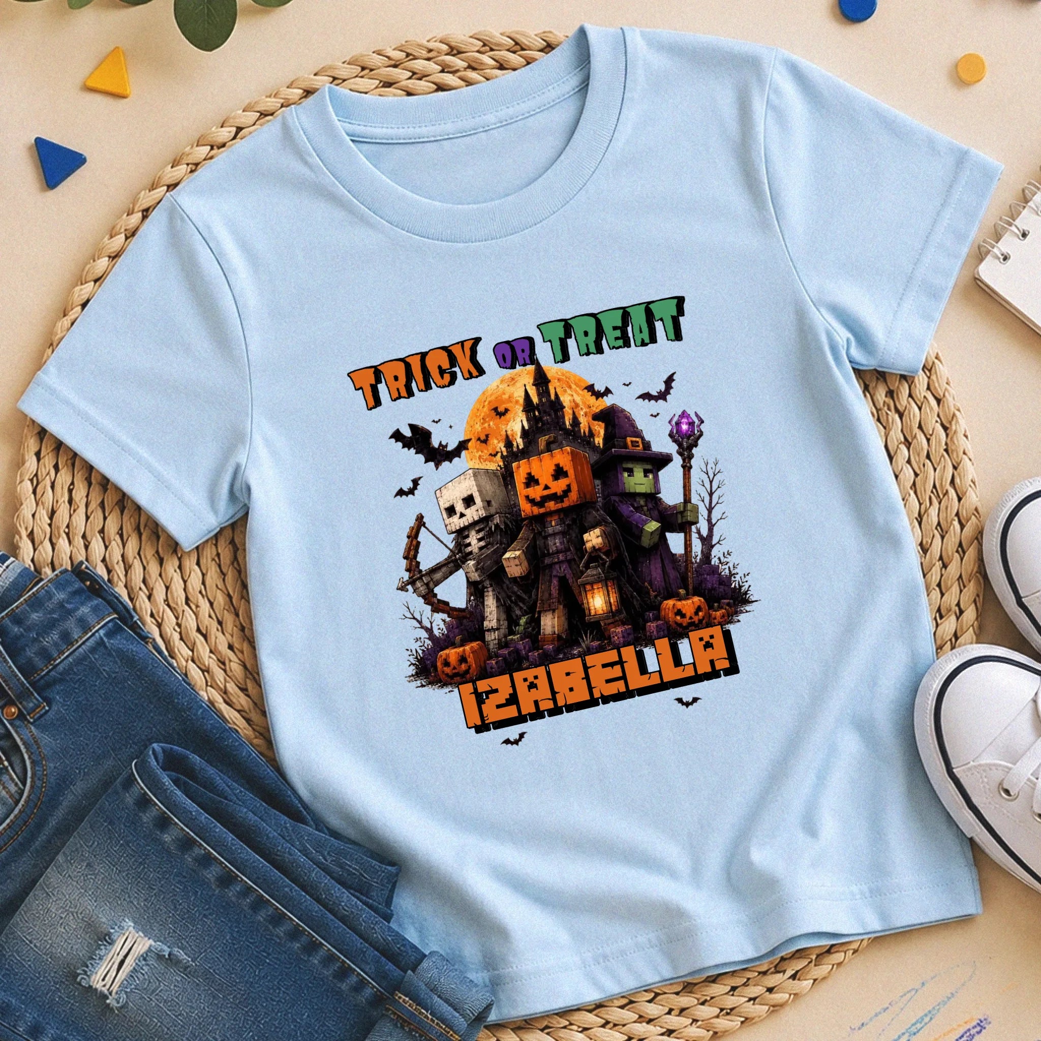 Trick or Treat Minecraft mintás halloweeni gyerek póló egyedi névvel