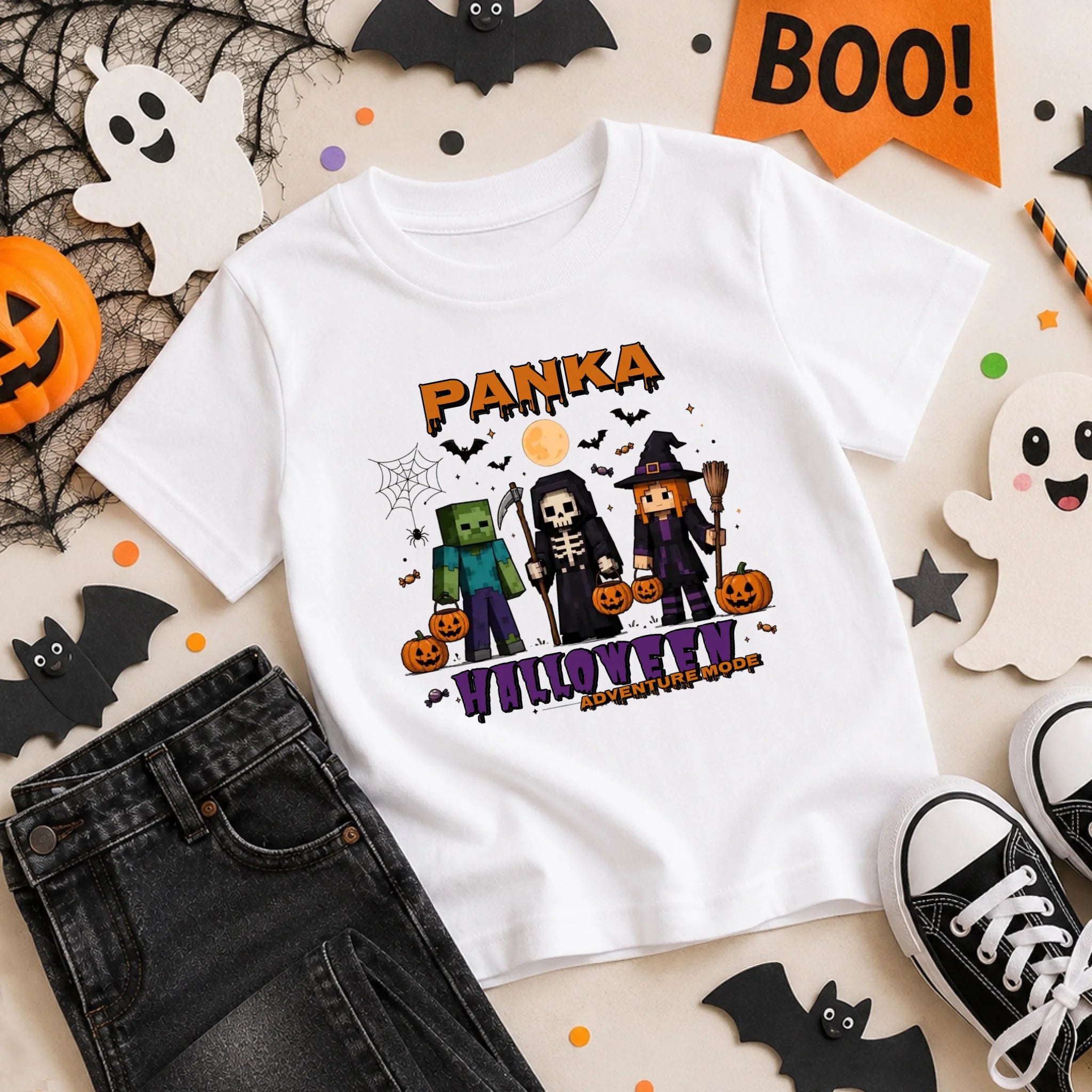Trick or Treat Minecraft mintás halloweeni gyerek póló egyedi névvel