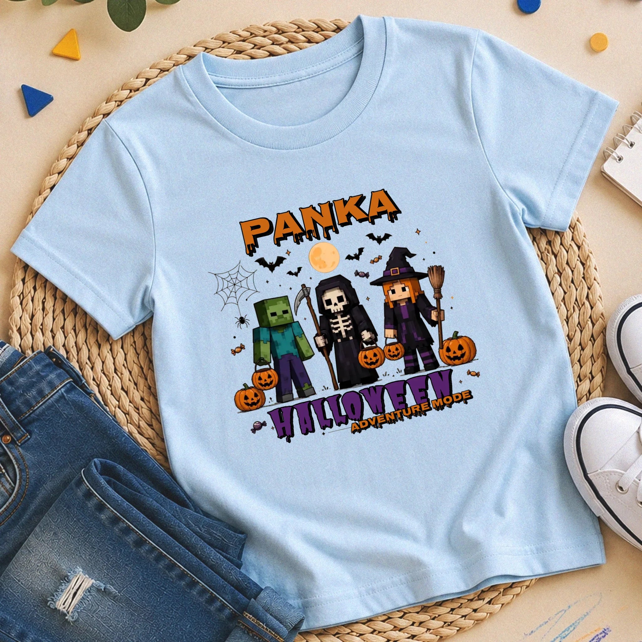 Halloween Mode Minecraft mintás halloweeni gyerek póló egyedi névvel