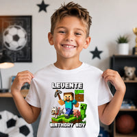 Minecraft szülinapi gyerek póló egyedi névvel és szülinapi számmal